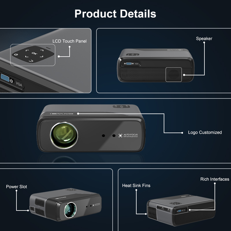 Produktdetails-Infografik mit Projektorteilen wie LCD-Touchpanel, Lautsprecher, Logo, Stromanschluss und Schnittstellen.