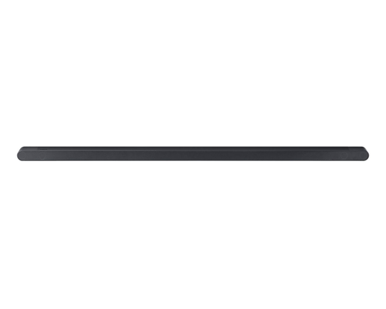Eine lange, schmale schwarze Soundbar isoliert auf einem weißen Hintergrund.