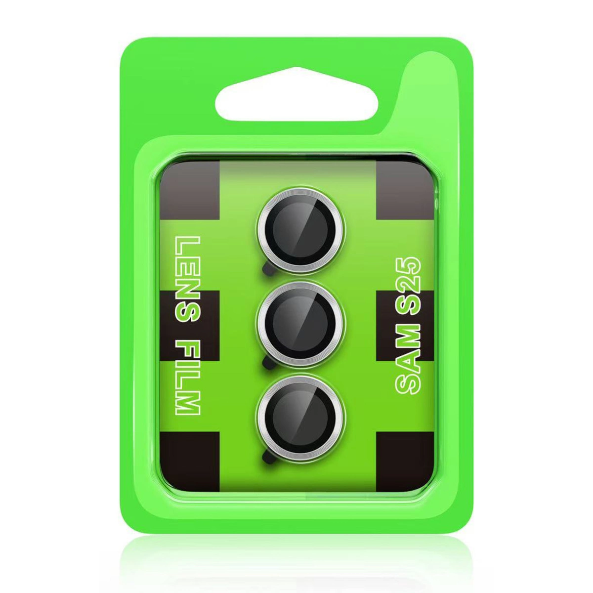 LENS FILM SAM S25 etiketli yeşil ambalaj içinde üç adet dairesel kamera lens koruyucusu.