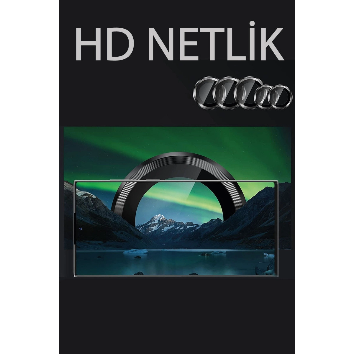 Üstte HD Netlik yazısı, kamera halkaları ve dağ ile kuzey ışığı arka planlı akıllı telefon.