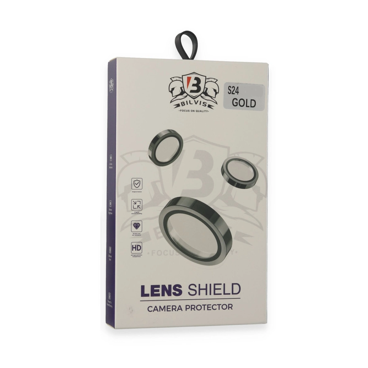 Ön tarafında üç lens halkası bulunan Bilvise altın renkli lens koruyucu için beyaz ürün kutusu.