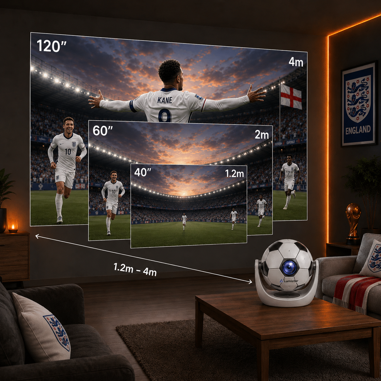 Ein fußballförmiger Projektor auf einem Tisch projiziert ein Fußballspiel in verschiedenen Größen an die Wand.