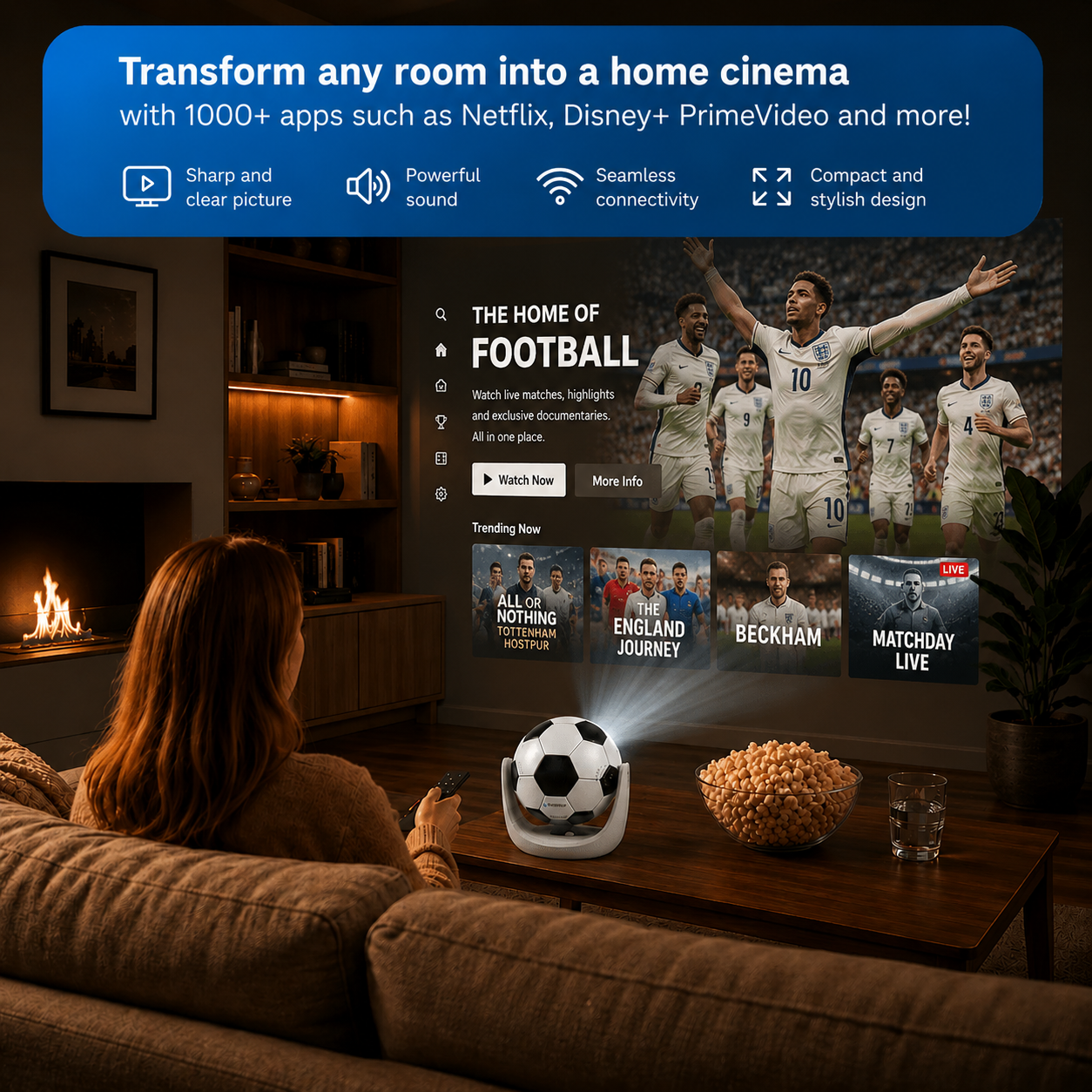 Eine Frau sitzt auf einem Sofa und schaut Fußball auf einer Leinwand, projiziert von einem fußballförmigen Beamer.