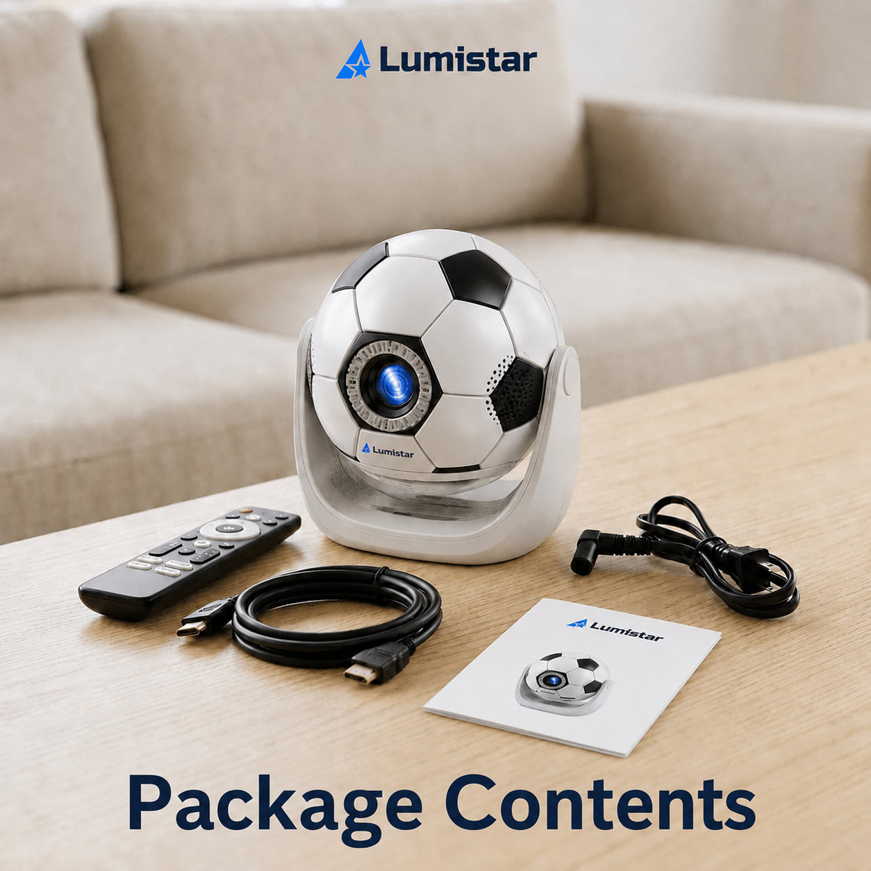 Ein fußballförmiger Lumistar-Projektor, Fernbedienung, Kabel und Anleitung auf einem Holztisch mit Sofa im Hintergrund.