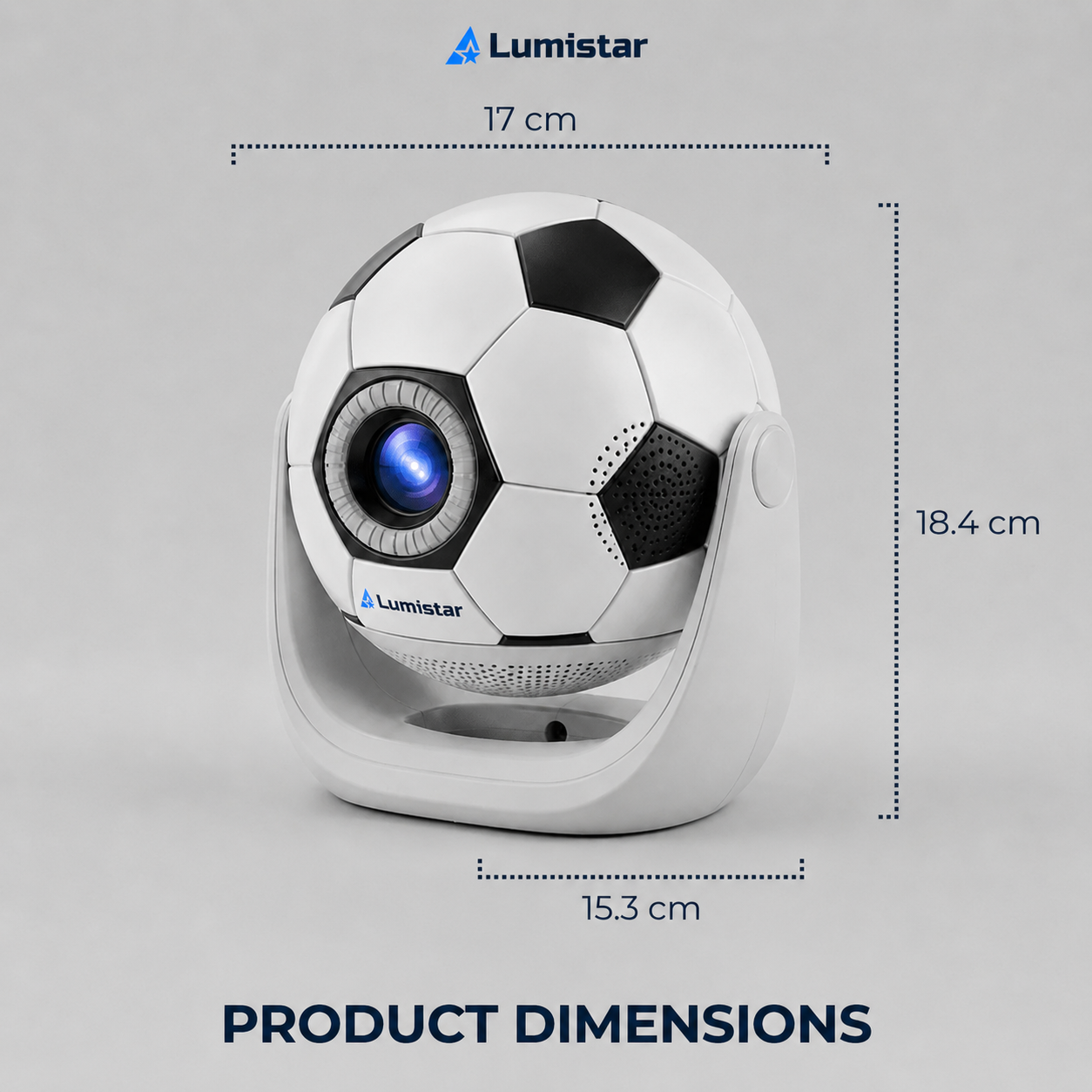 Foci alakú Lumistar projektor fehér állványon, méretei: 17 cm széles, 18,4 cm magas, 15,3 cm mély.