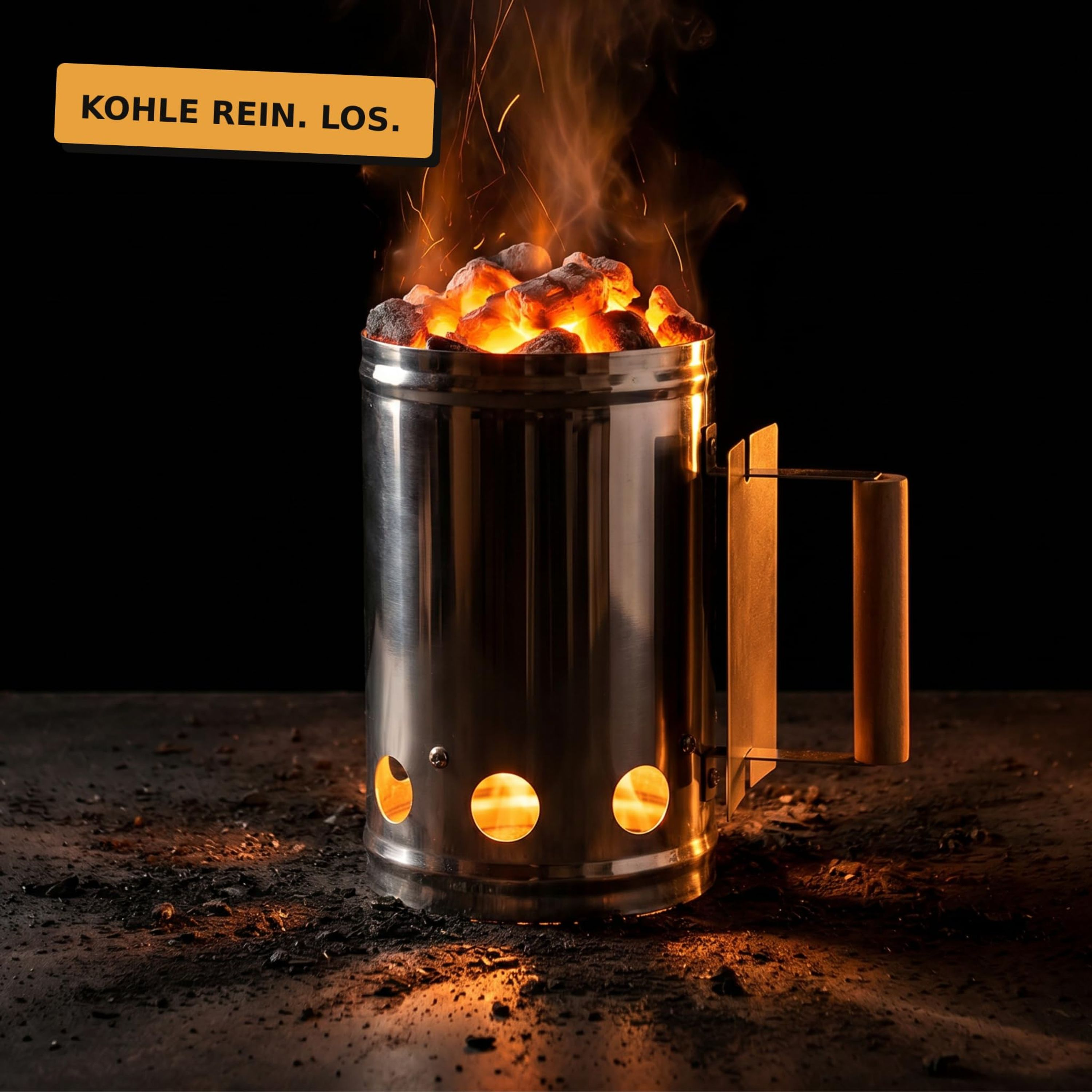 Ein Anzündkamin aus Edelstahl mit glühenden Kohlen, Flammen und Funken auf dunklem Untergrund.