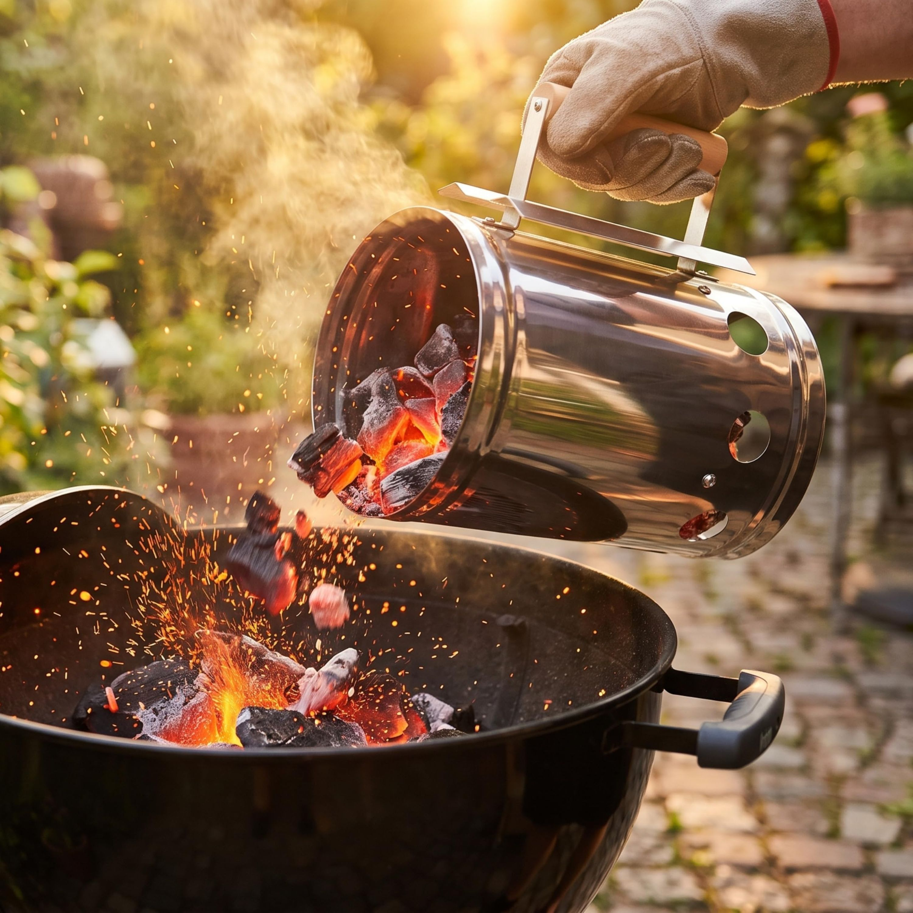 Eine Hand im Handschuh gießt glühende Kohlen aus einem Anzündkamin in einen Grill, begleitet von Funken.