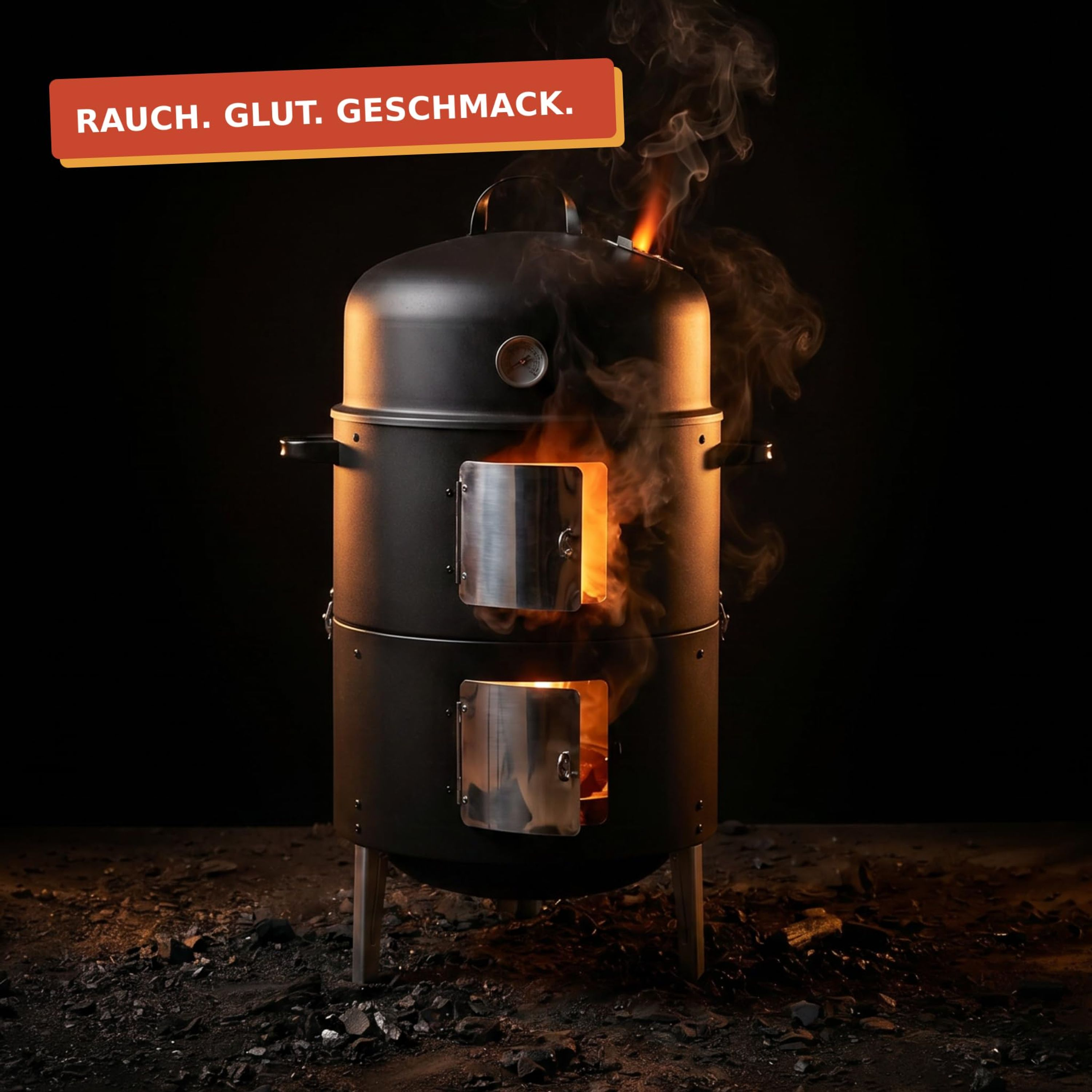 Ein schwarzer Smoker-Grill mit geöffneten Türen, glühendem Feuer und aufsteigendem Rauch vor dunklem Hintergrund.