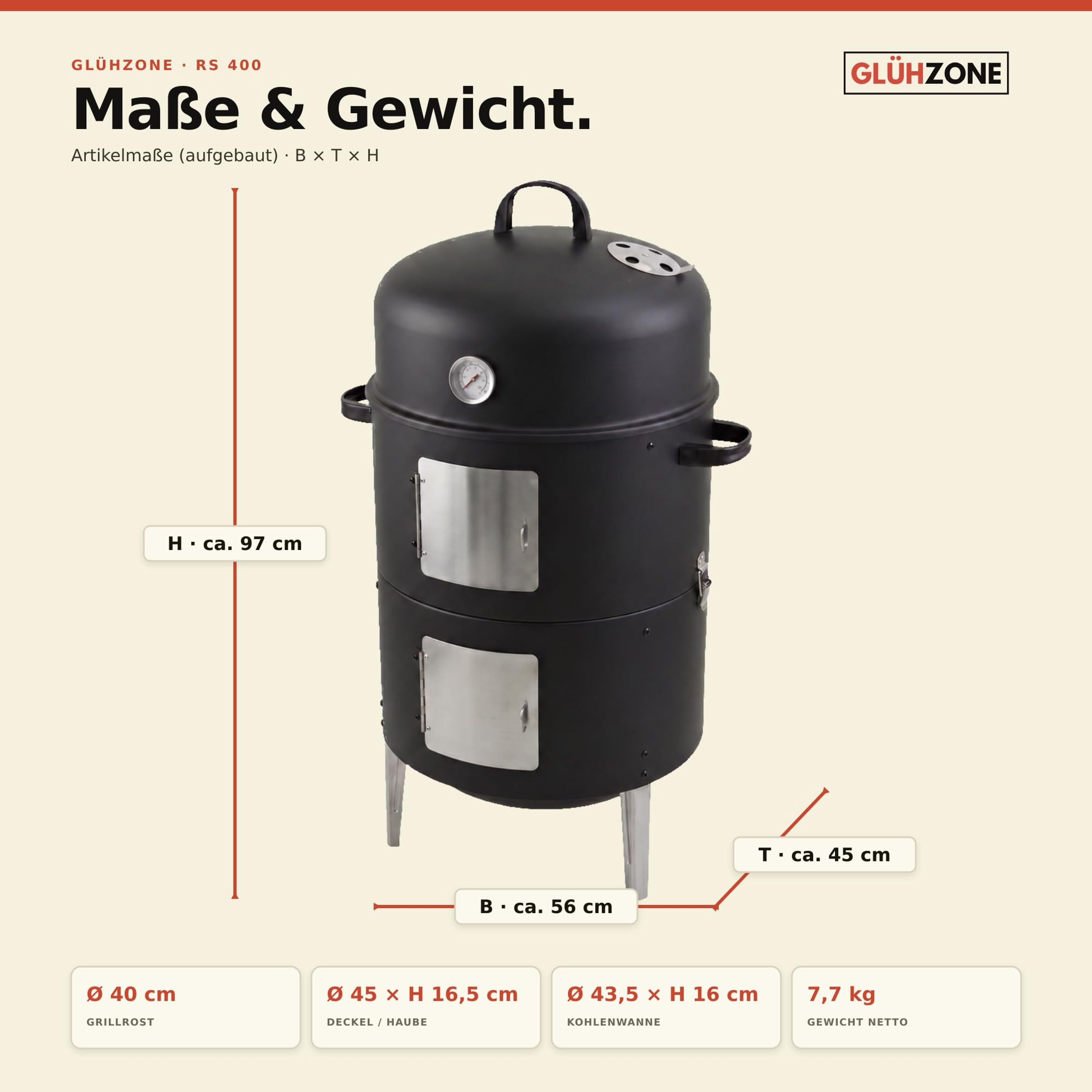 Schwarzer runder Grill mit zwei Türen, Thermometer und Maßangaben in Zentimetern und Kilogramm.