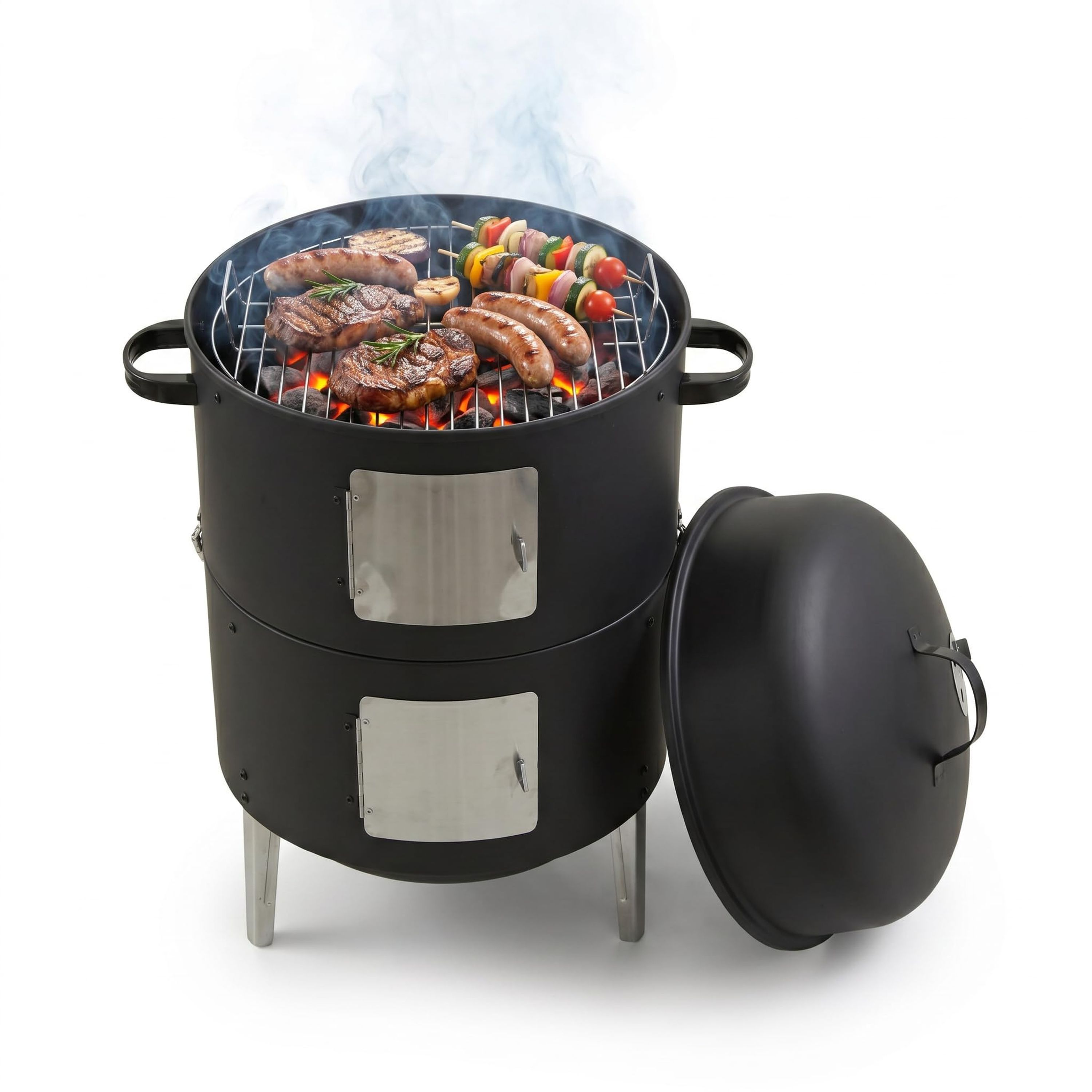 Schwarzer Rauchergrill mit Fleisch und Gemüsespießen auf dem Rost, auf weißem Hintergrund.