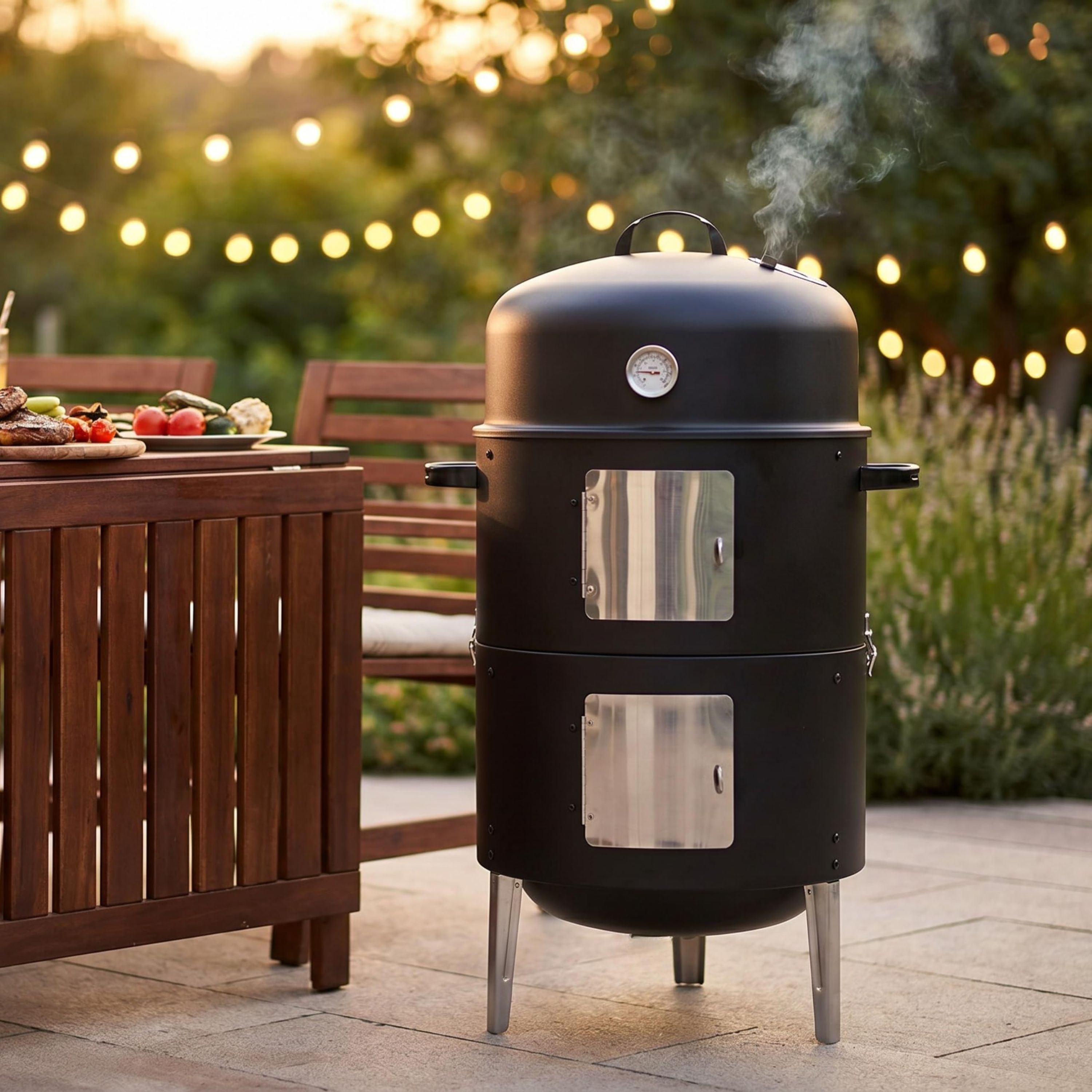 Ein schwarzer Standgrill mit Rauch auf einer Terrasse, daneben ein Holztisch mit Lebensmitteln.