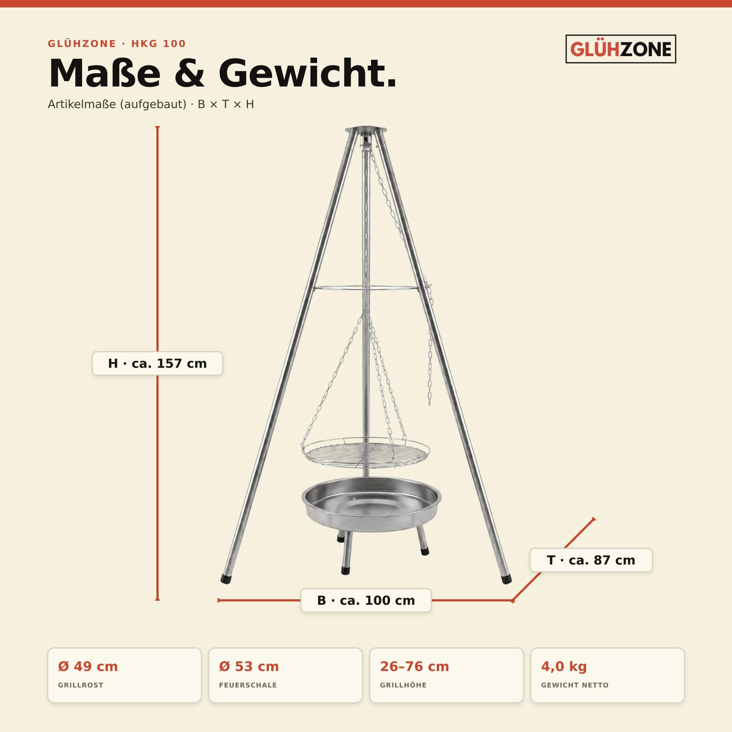 Diagramm zeigt die Maße und das Gewicht eines Glühzone Dreibein-Grills mit Grillrost und Feuerschale.