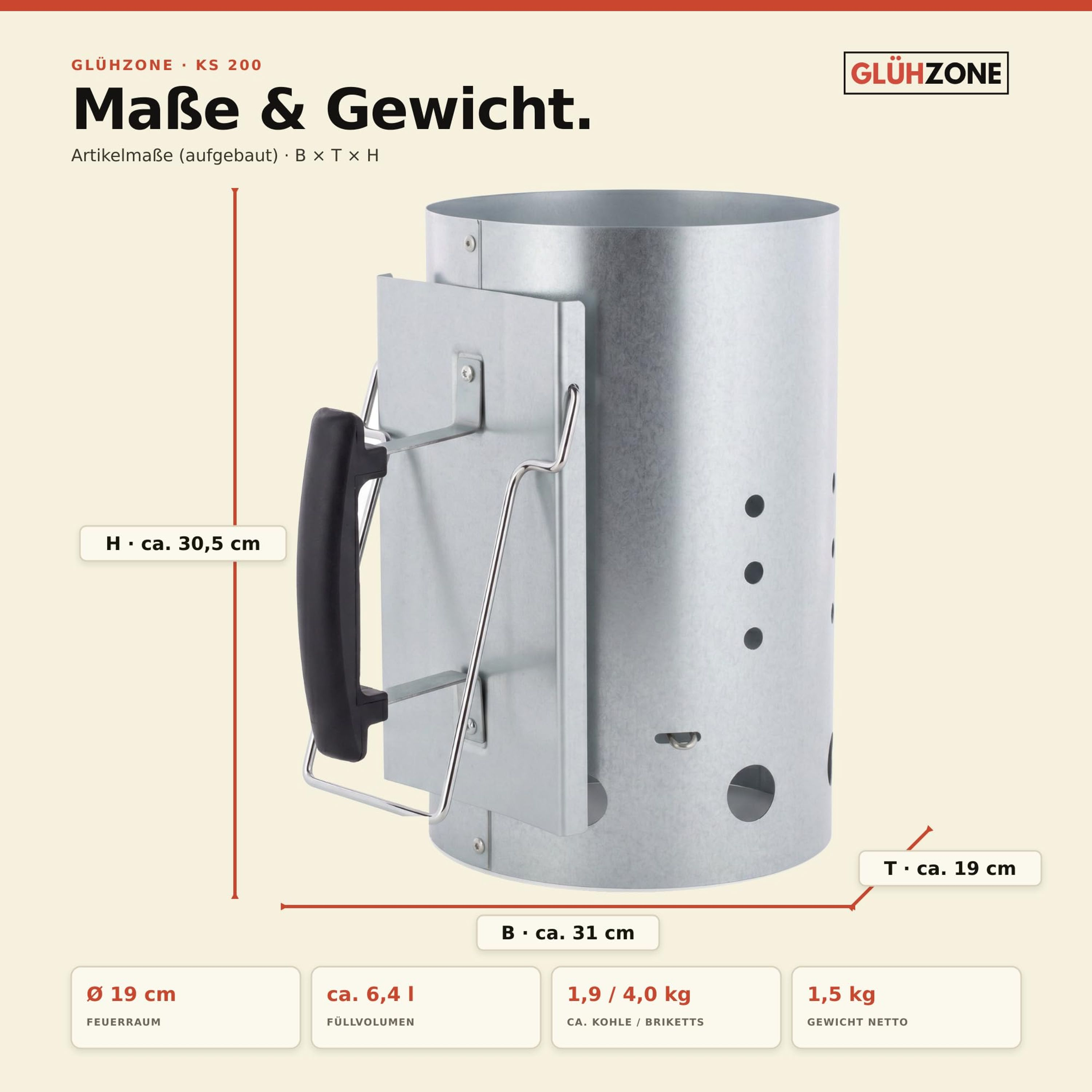 Diagramm zeigt Abmessungen und Gewicht eines silbernen Anzündkamins mit schwarzem Griff auf hellem Hintergrund.