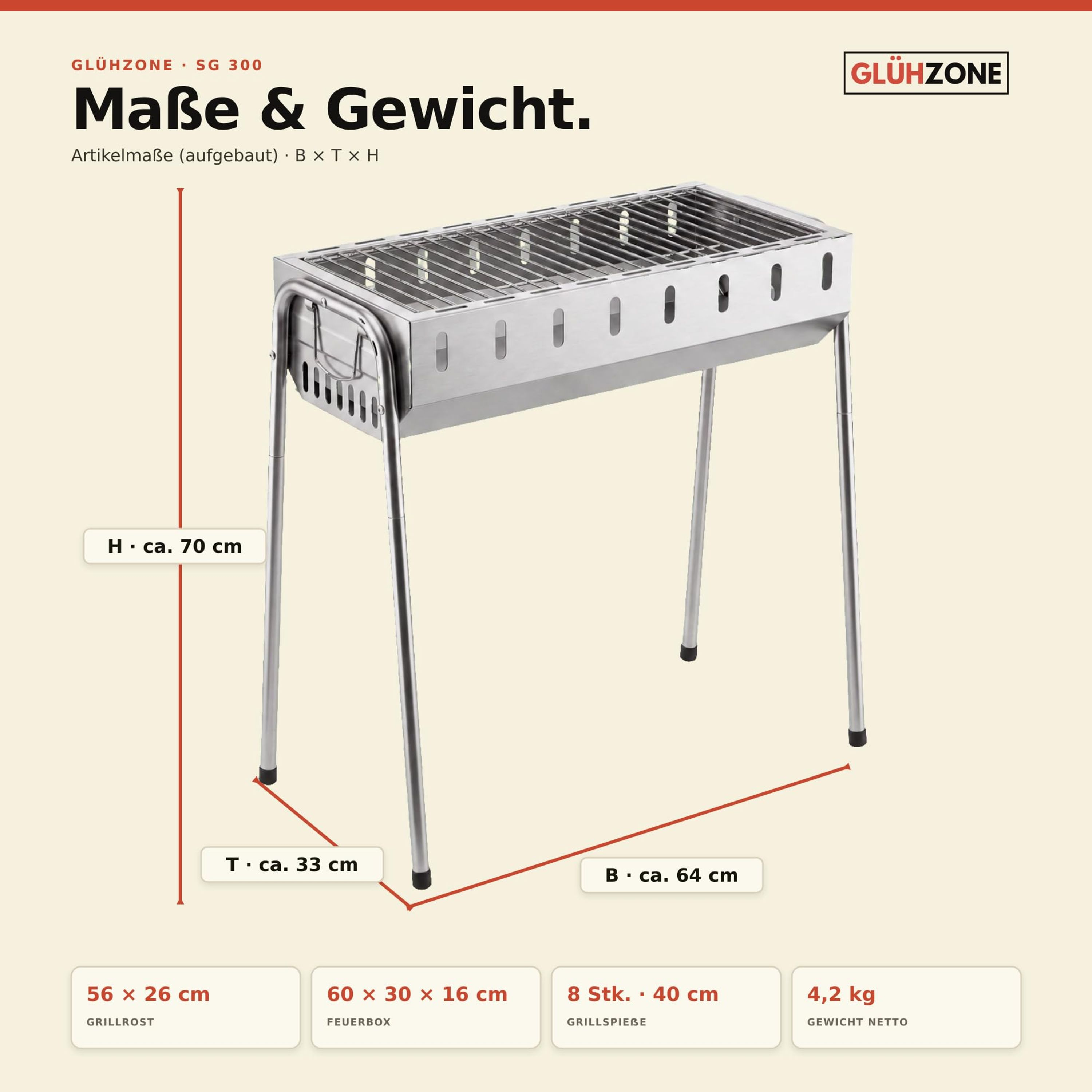 Edelstahl-Holzkohlegrill mit den Maßen Höhe 70 cm, Tiefe 33 cm und Breite 64 cm.