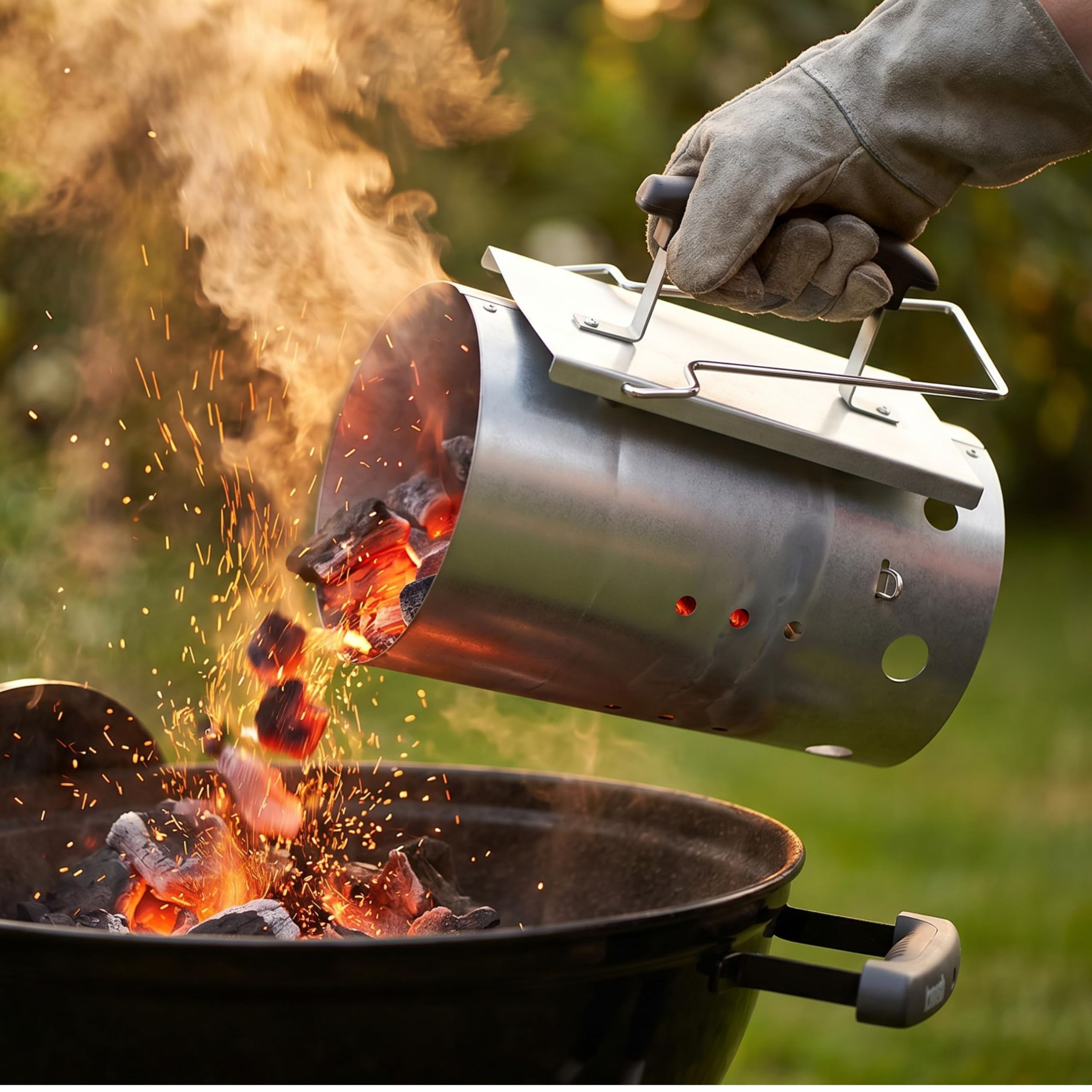 Ein geduenschter Grillanzuender schuettet gluehende Kohlen und Funken in einen Kugelgrill.
