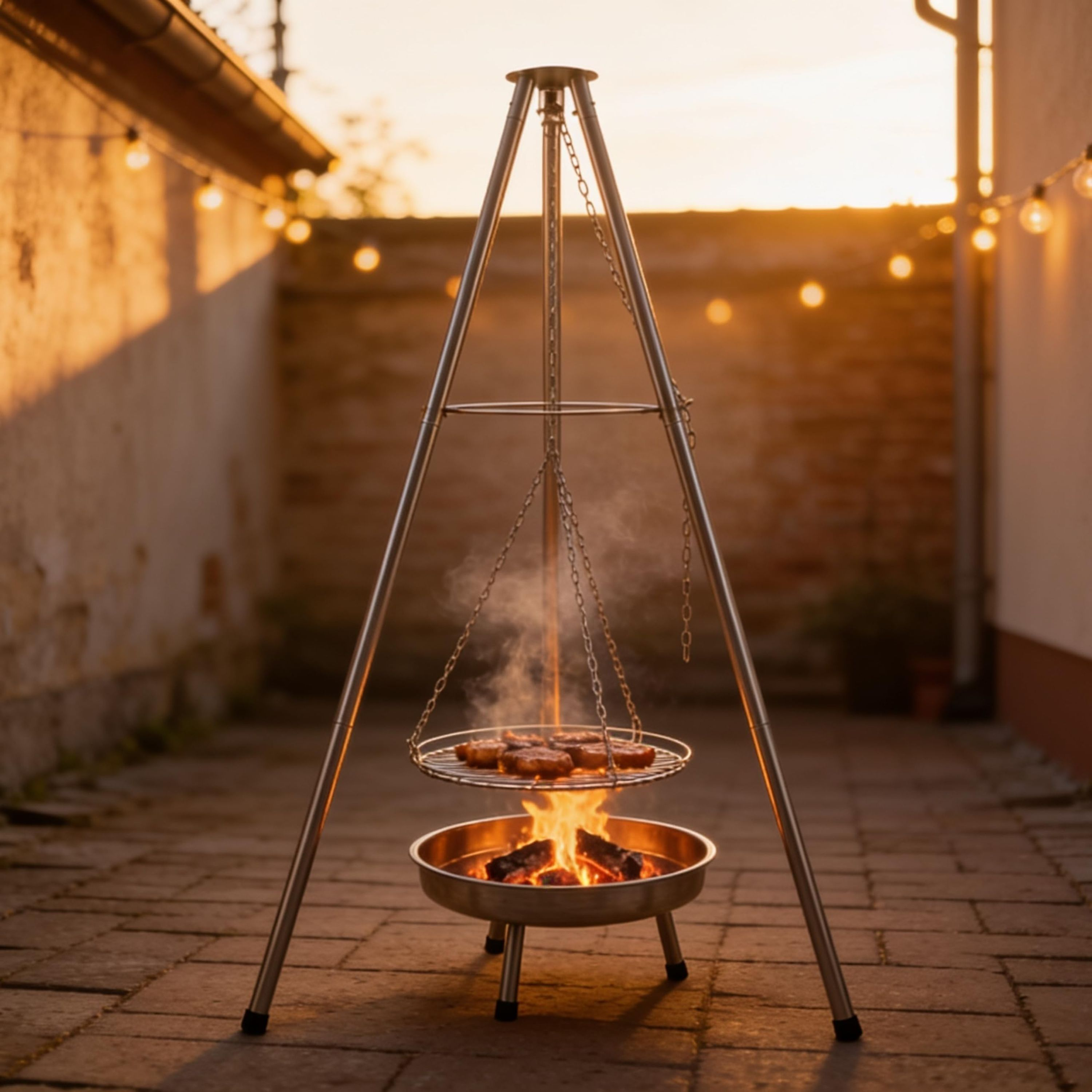 Ein rauchender Grill hängt an einem Metallstativ über einer Feuerschale auf einer Terrasse bei Sonnenuntergang.