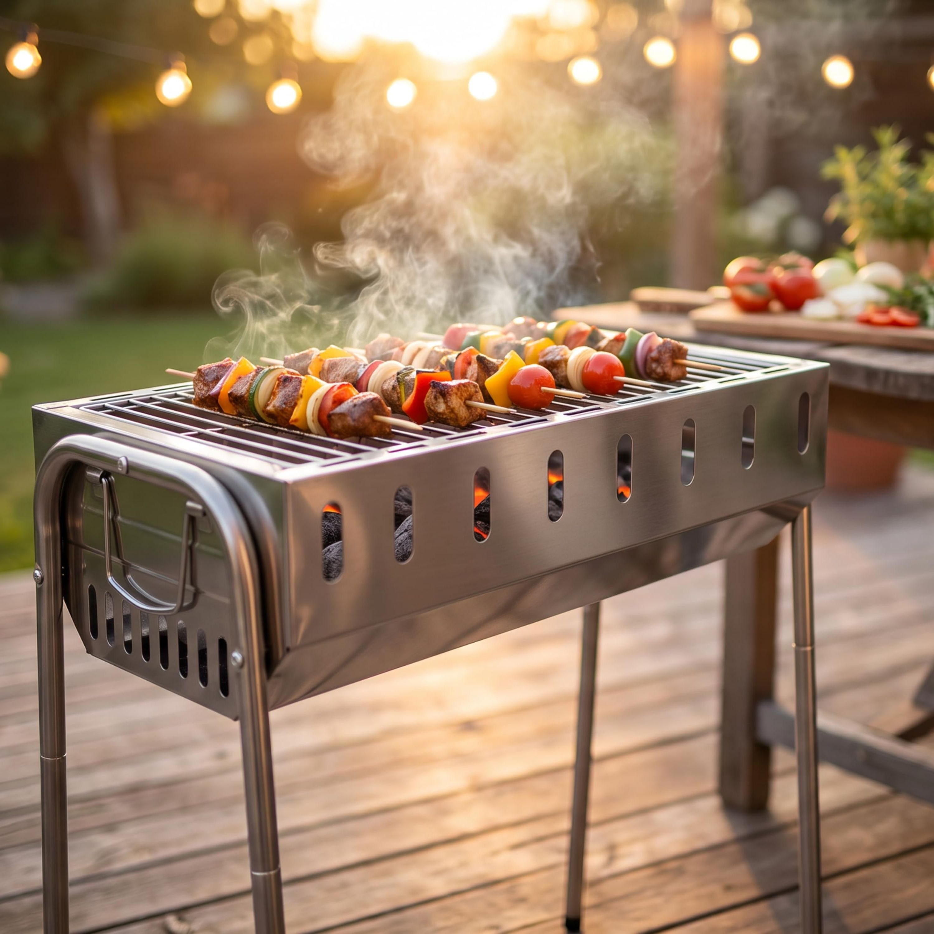 Grillspíeßem mit Fleisch und Gemüse grillen auf einem Edelstahlgrill im Garten bei Sonnenuntergang.