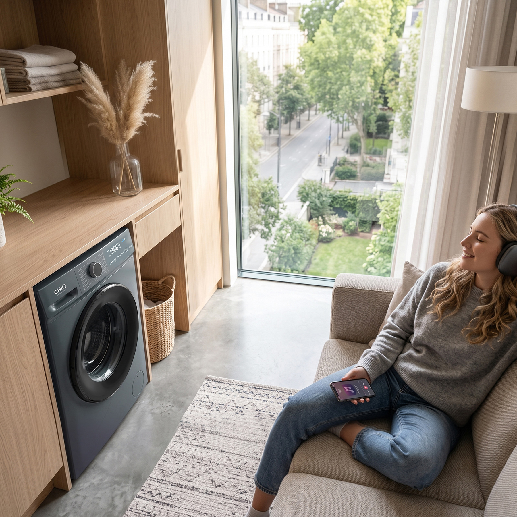 Eine Frau sitzt auf einem Sofa, hört Musik mit Kopfhörern und hält ein Smartphone, neben einer Waschmaschine und einem großen Fenster.