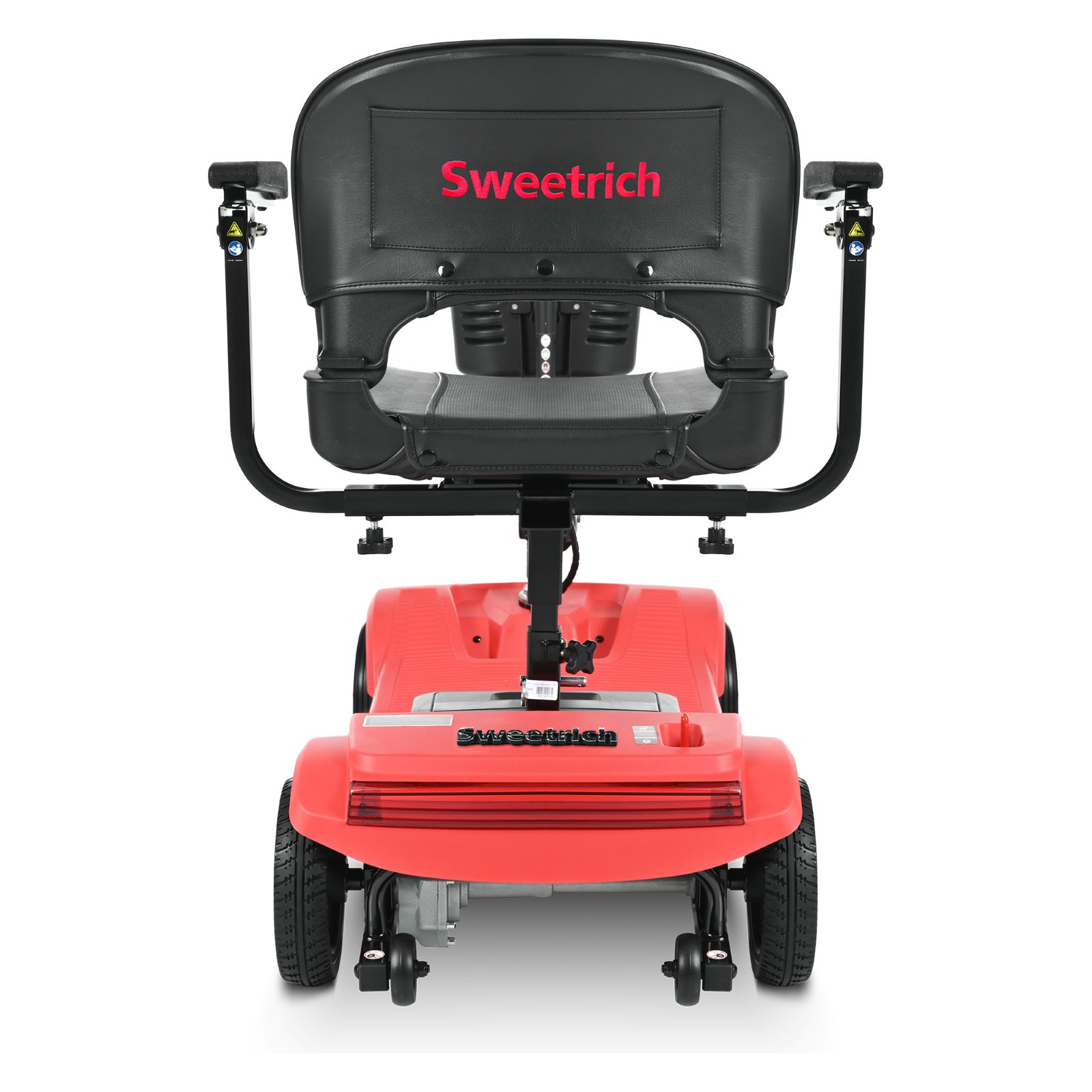 Vista trasera de un scooter de movilidad rojo con asiento negro y marca Sweetrich.