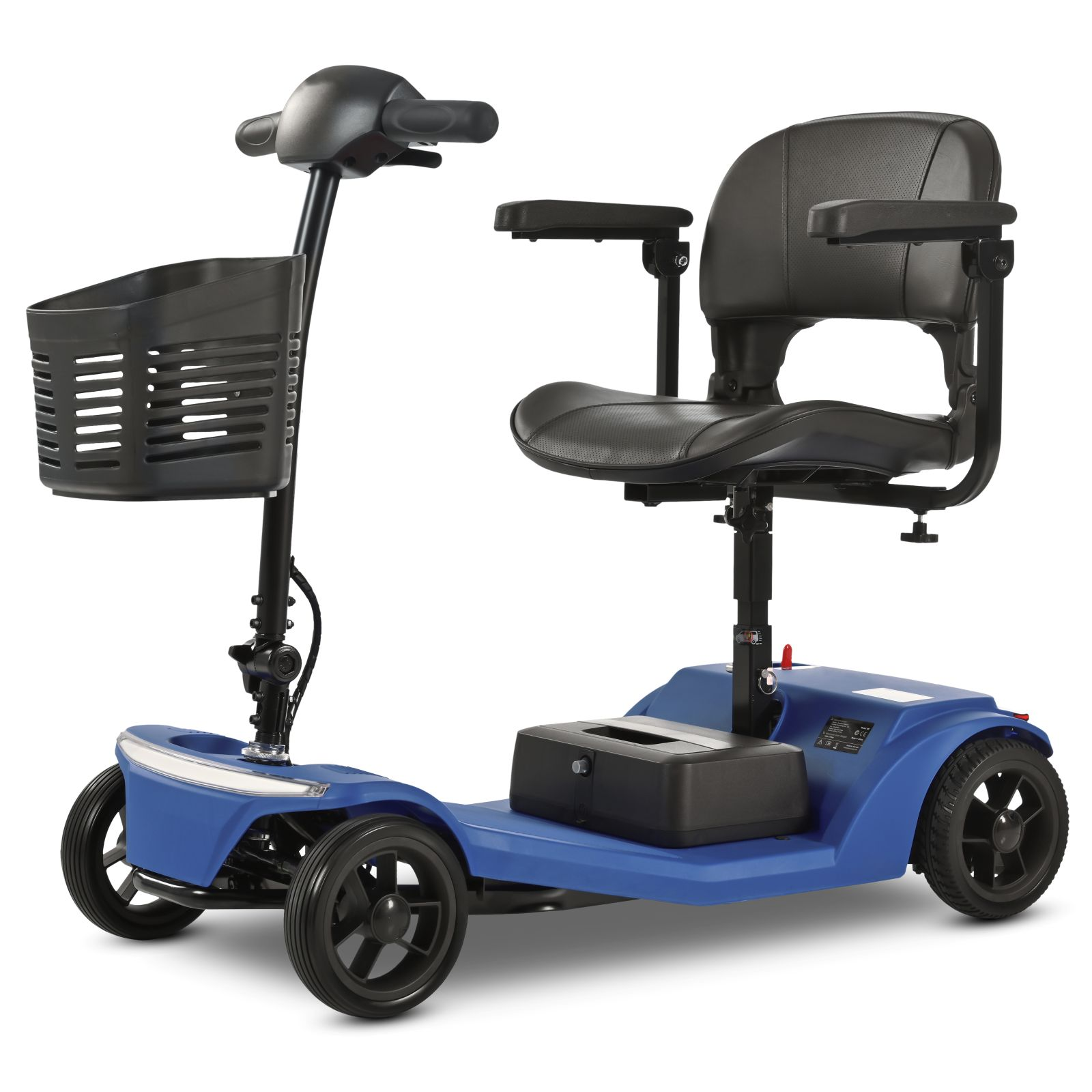 Un patinete de movilidad azul con asiento negro y cesta delantera.