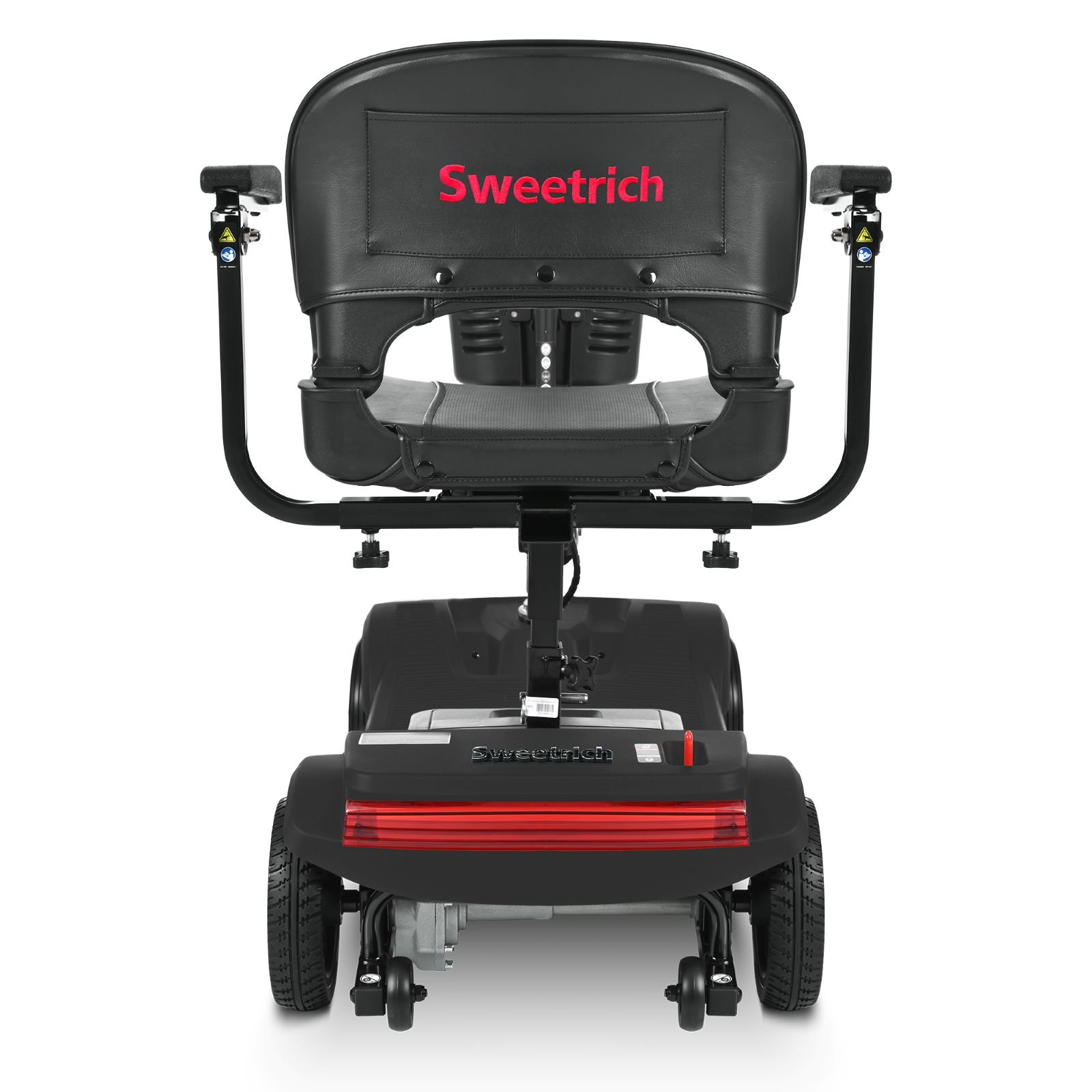 Vista trasera de un scooter de movilidad Sweetrich negro, mostrando el asiento acolchado, reposabrazos y luz trasera.