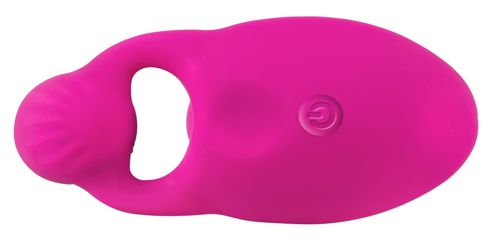 Ein pinkes, ergonomisches Massagegerät mit einer ringförmigen Öffnung und einem Power-Knopf auf weißem Hintergrund.