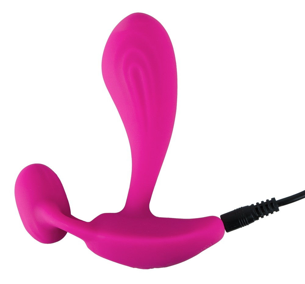 Ein pinkes Sexspielzeug mit abgerundeter Form und angeschlossenem schwarzen Ladekabel vor weißem Hintergrund.
