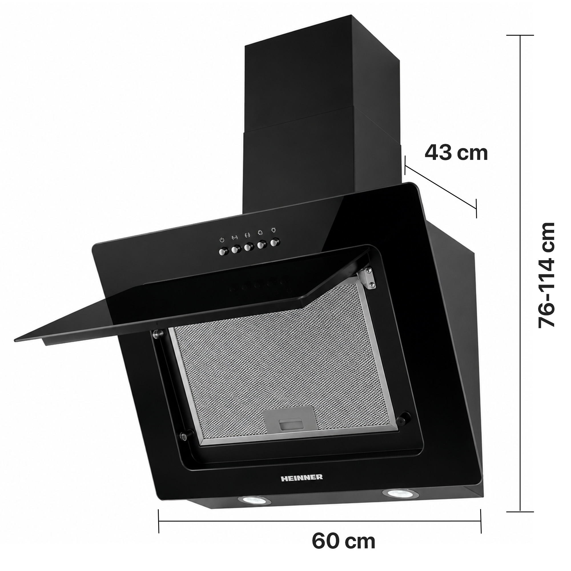 A black Heinner cooker hood with dimensions 60 cm wide, 43 cm deep, and 76-114 cm high shown with an open glass panel.