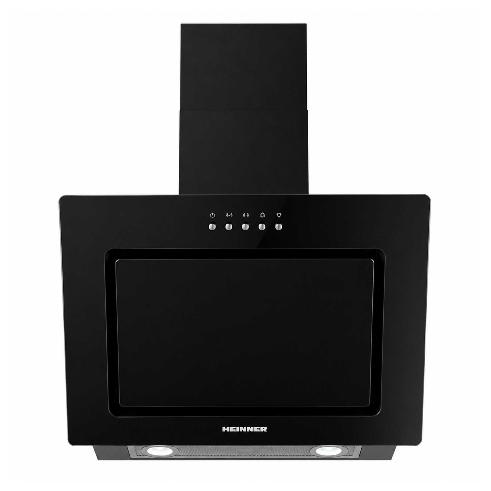 Black Heinner range hood with a touch control panel and two integrated bottom lights against a white background.