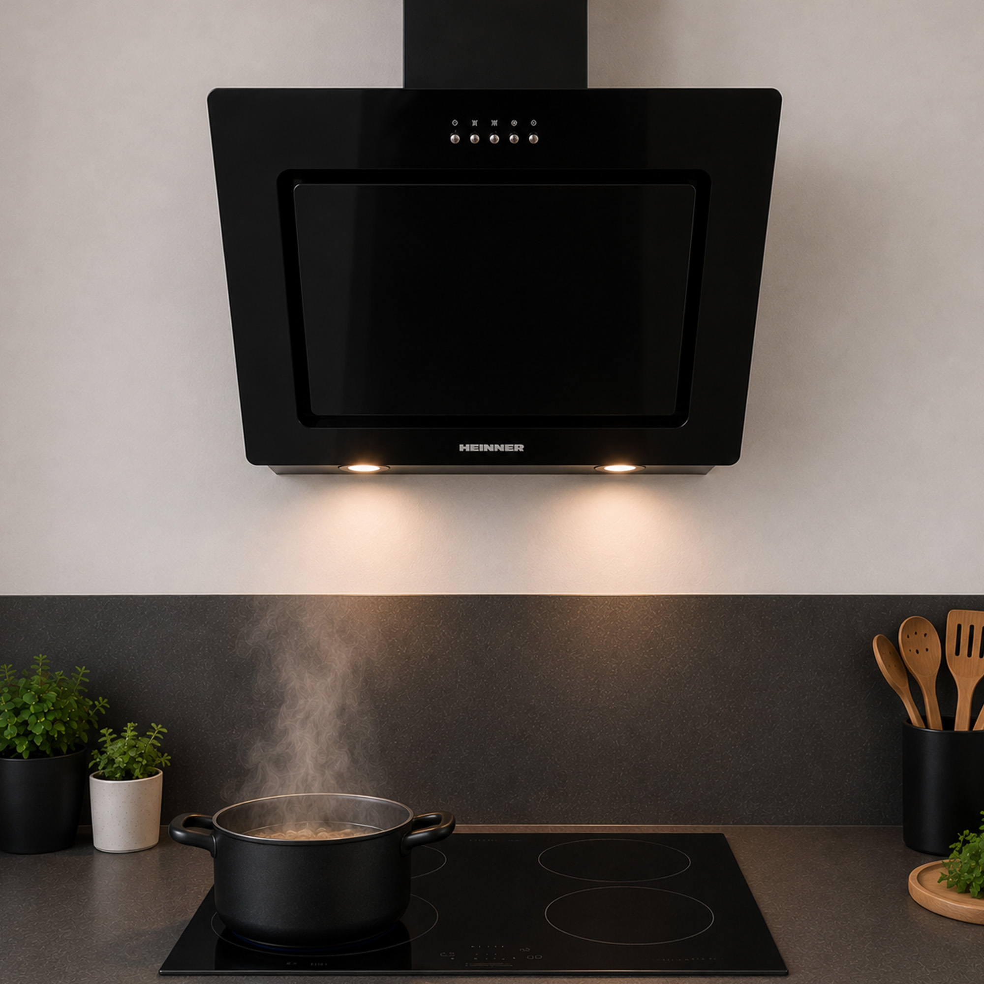 A black cooker hood above a stovetop with a boiling pot emitting steam.