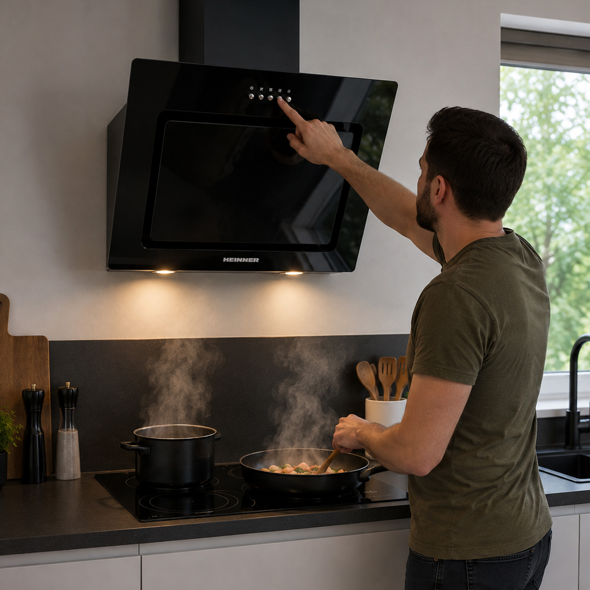 A man operates a black cooker hood while a pot and pan steam on the stove below.