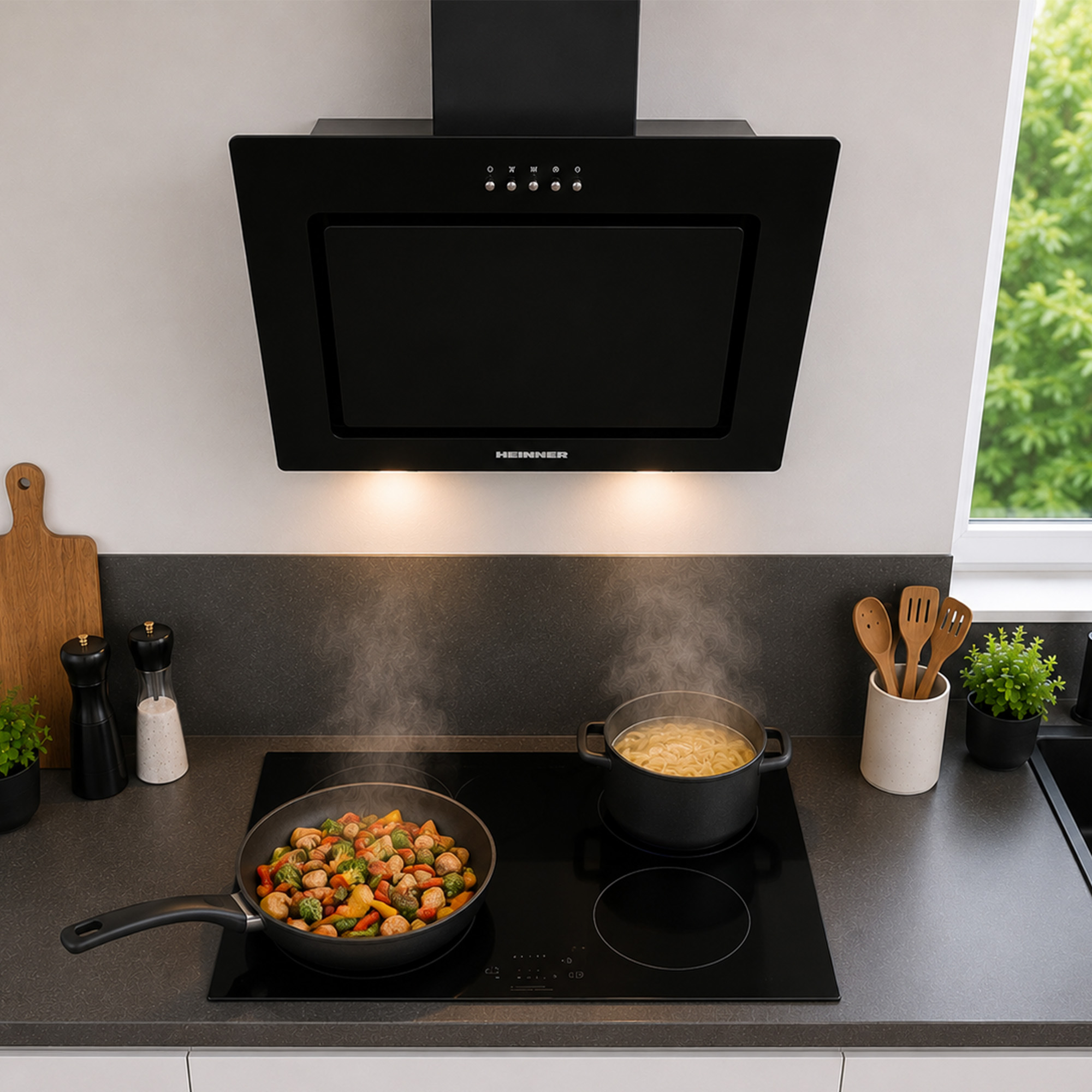 A black cooker hood hangs over a stovetop with steaming pan and pot, beside utensils, plants, and a window.