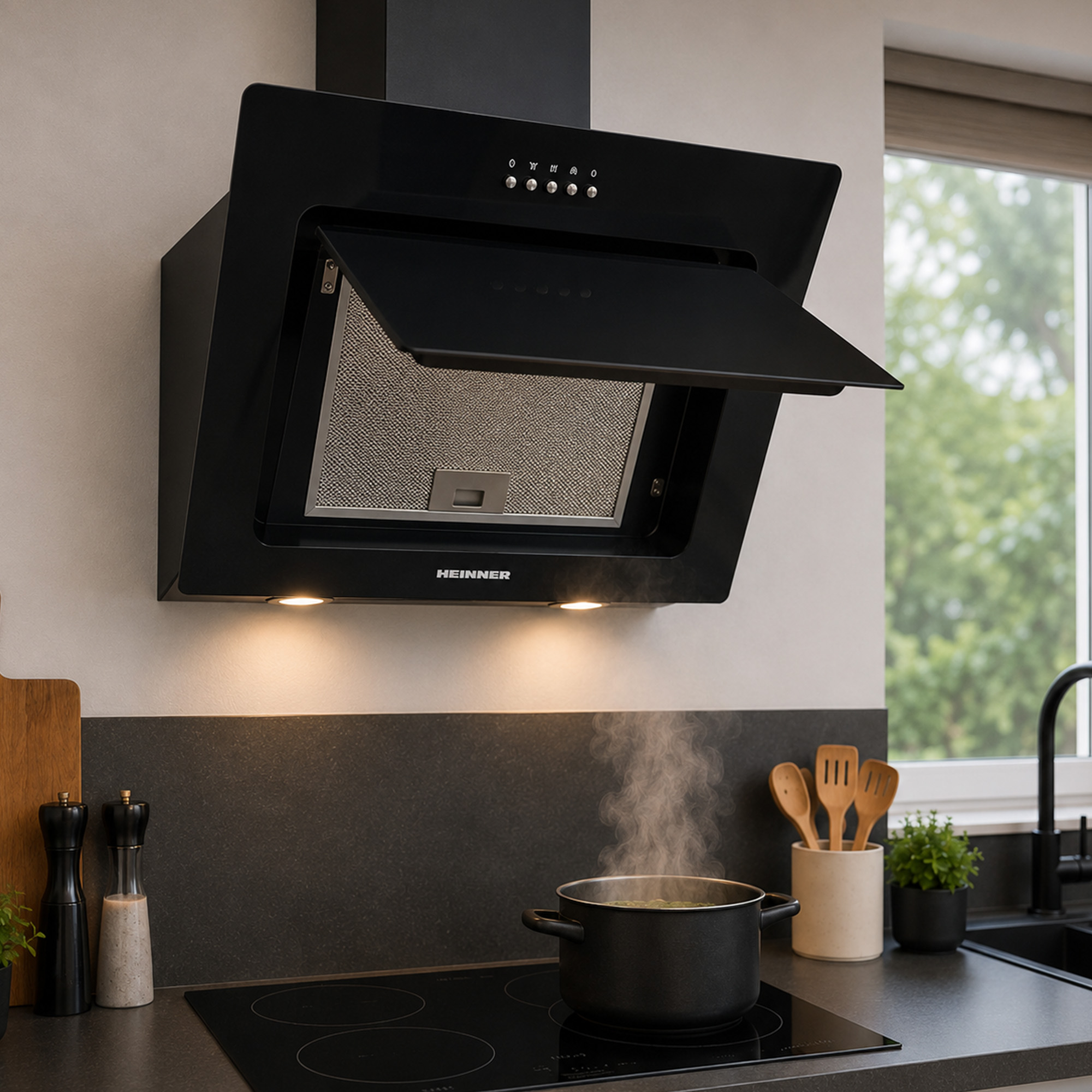 Modern black cooker hood mounted above a hob with a boiling pot.