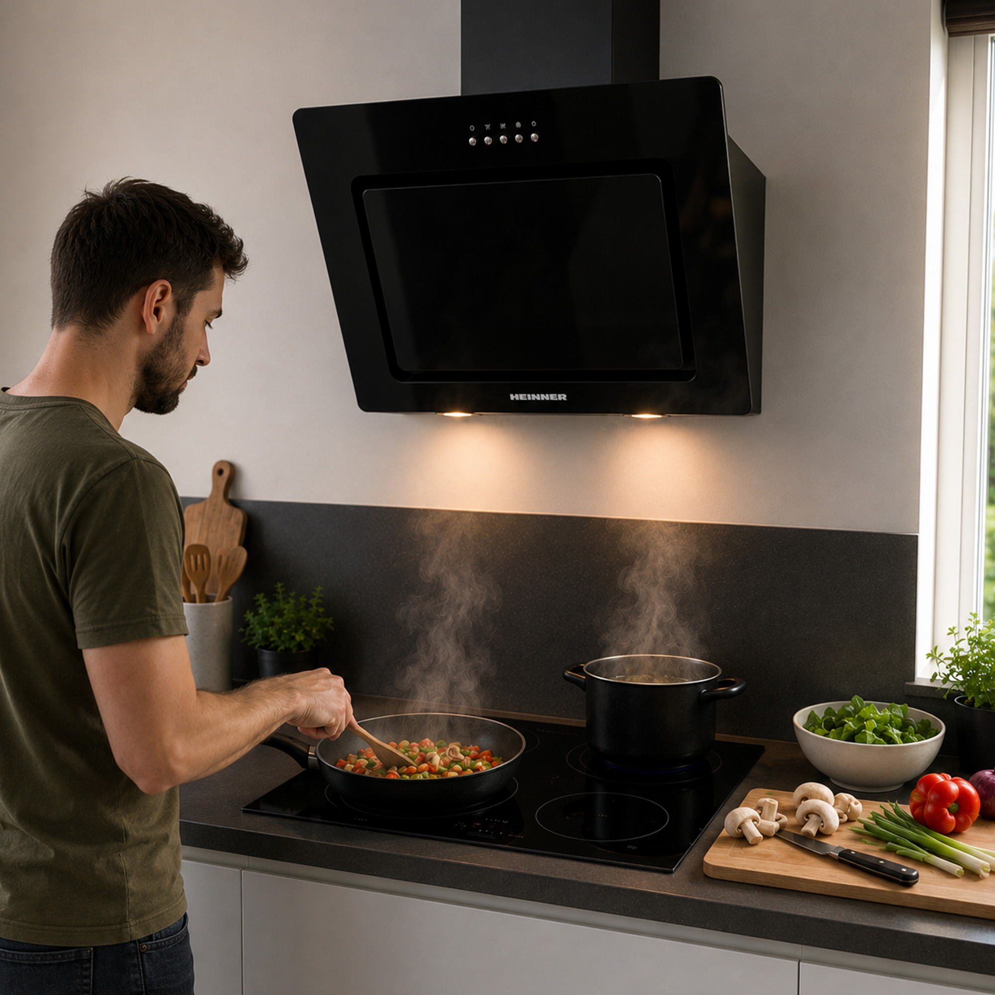 A man cooks vegetables in a pan under a black extractor hood, with a boiling pot and fresh ingredients nearby.