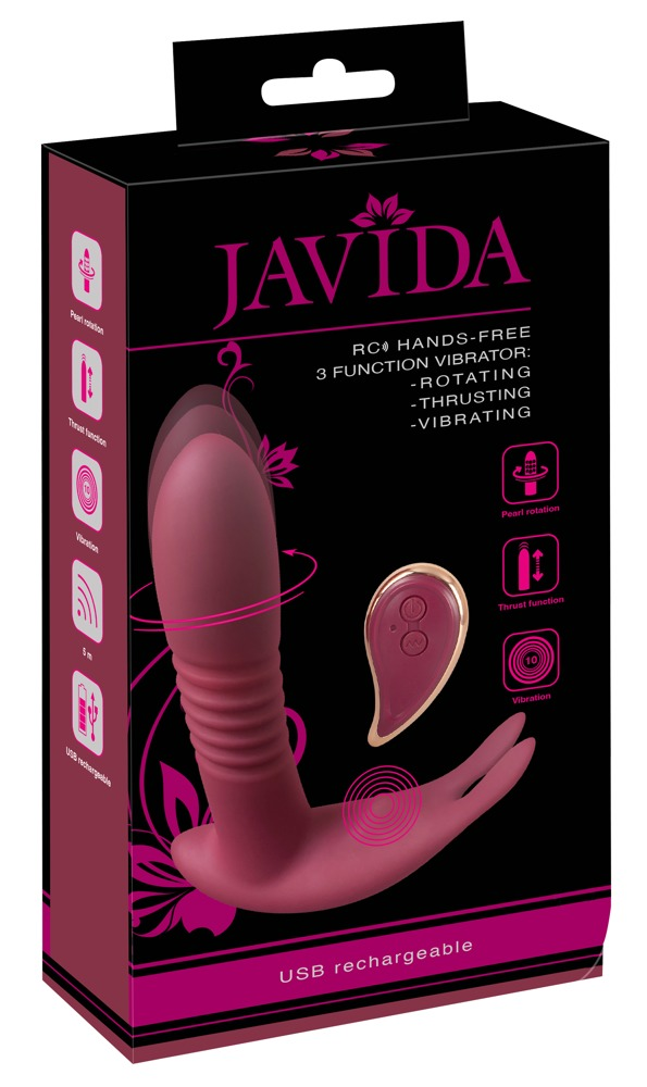 Javida Produktverpackung für einen rosafarbenen, kabellosen 3-Funktions-Vibrator mit Fernbedienung.