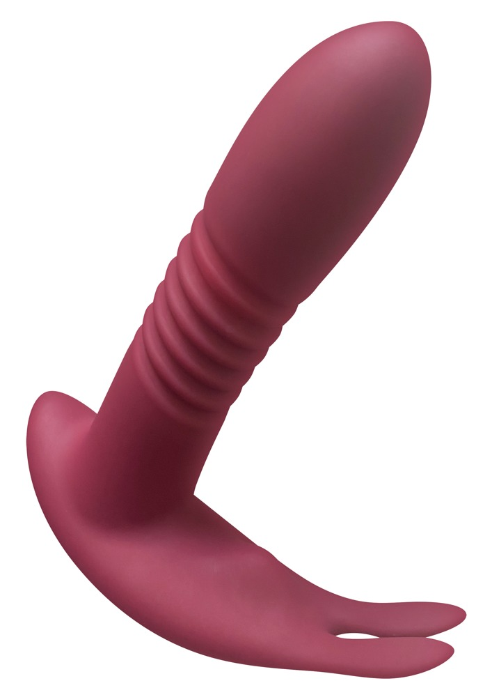 Ein rosa ergonomisches Silikongerät mit geripptem Schaft und geschwungener Basis vor weißem Hintergrund.