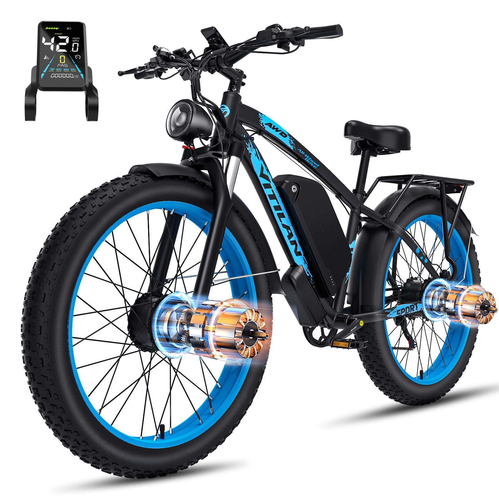 Bicicleta eléctrica negra con neumáticos anchos, llantas azules y motores eléctricos en ambas ruedas.