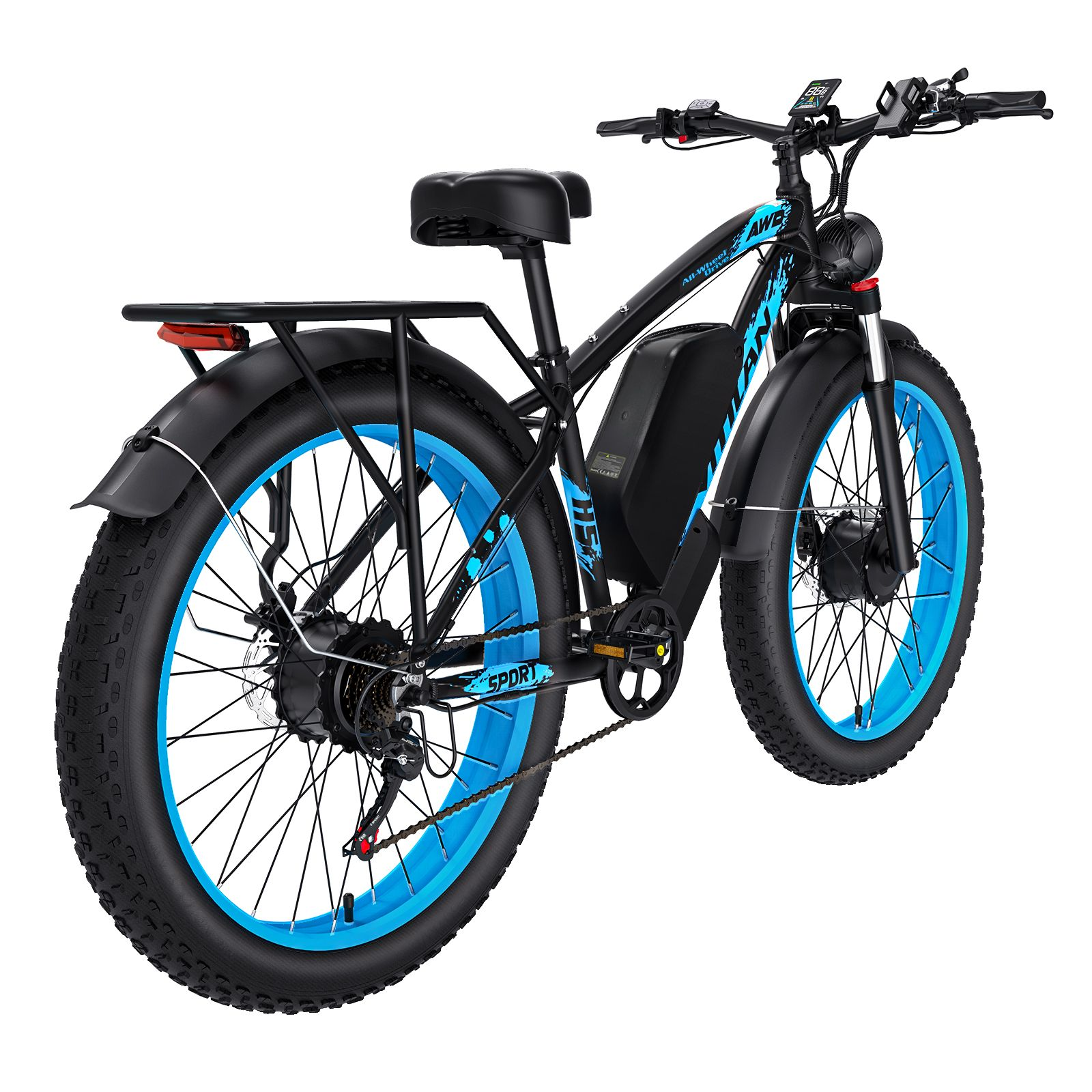 Una bicicleta eléctrica negra con neumáticos anchos y detalles azules sobre fondo blanco.