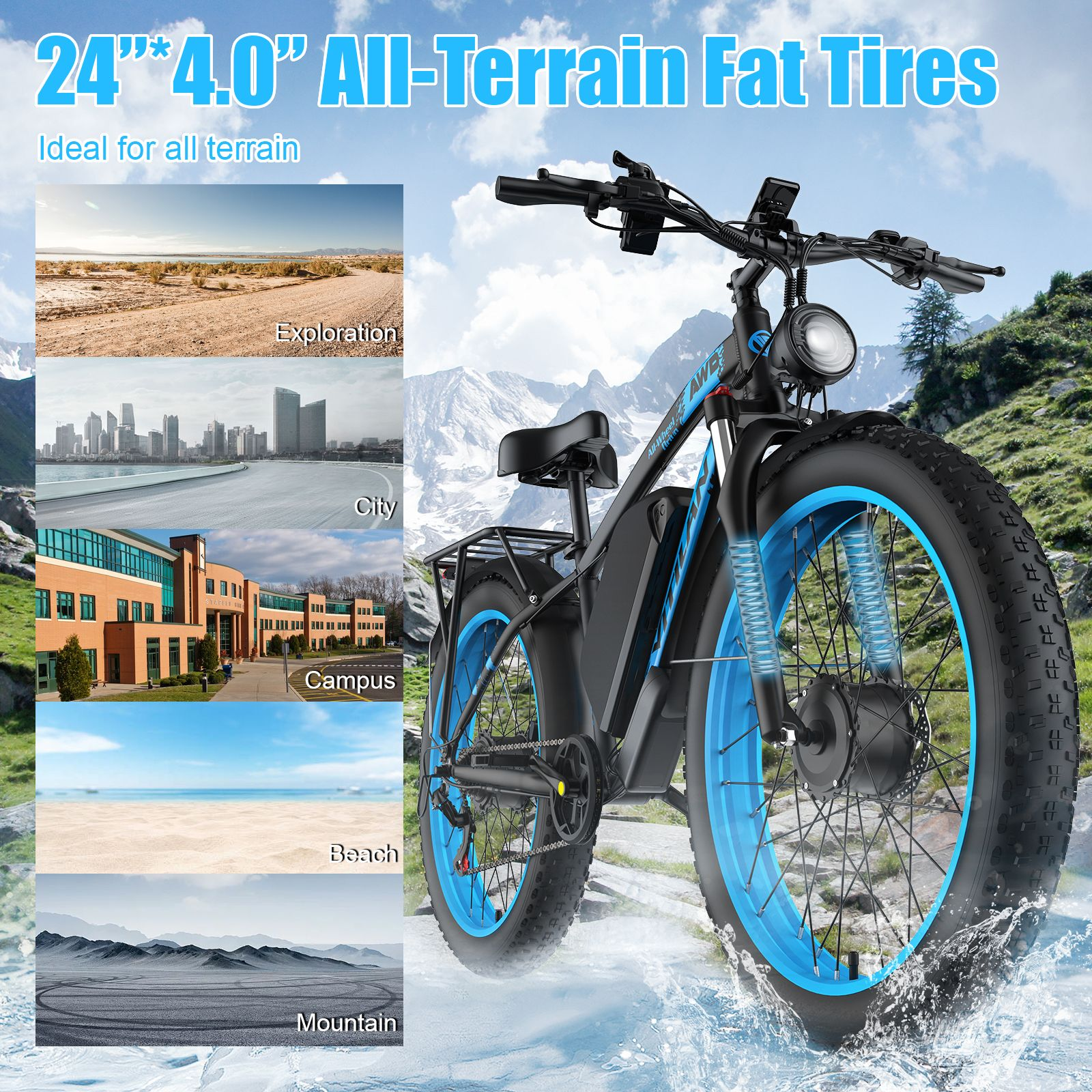 Una bicicleta eléctrica negra con llantas azules y neumáticos gruesos frente a montañas.