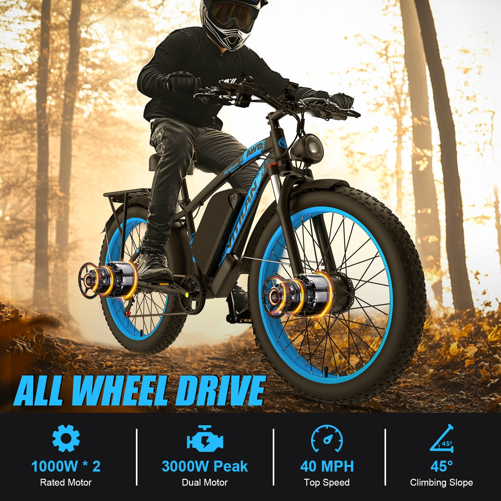 Una persona con casco monta una bicicleta eléctrica de tracción total en un bosque.
