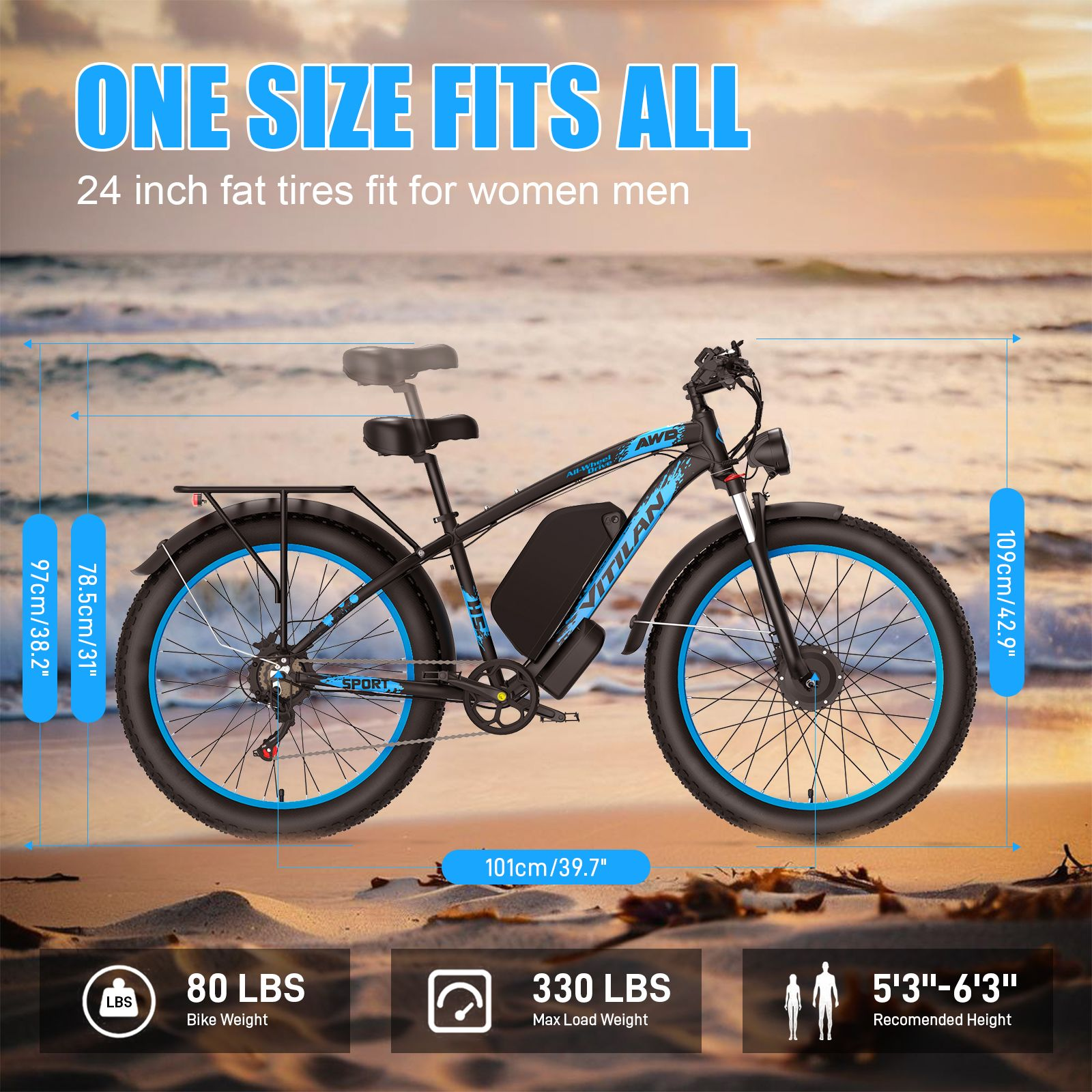 Una bicicleta eléctrica negra y azul en la playa con texto que muestra su tamaño y peso.