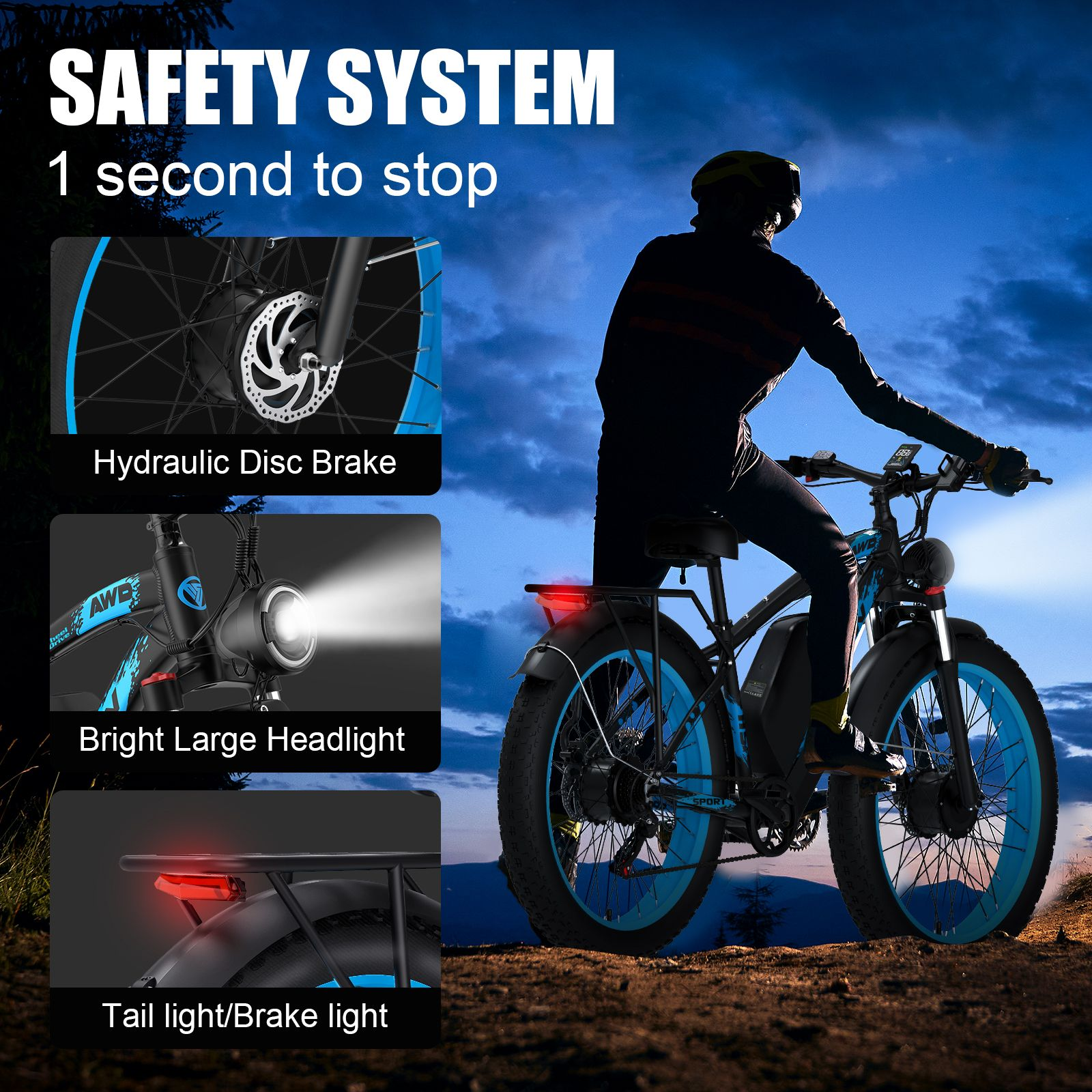 Un ciclista monta en e-bike al atardecer; los recuadros muestran freno, faro y luz trasera.