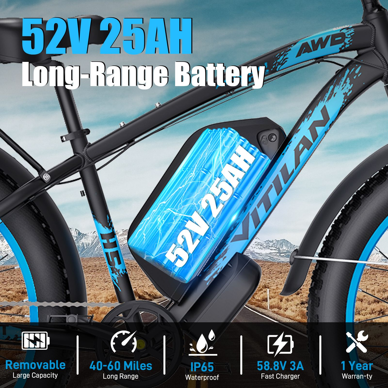 Una bicicleta eléctrica negra con acentos azules, batería de 52V 25Ah y gráficos de texto frente a un paisaje montañoso.