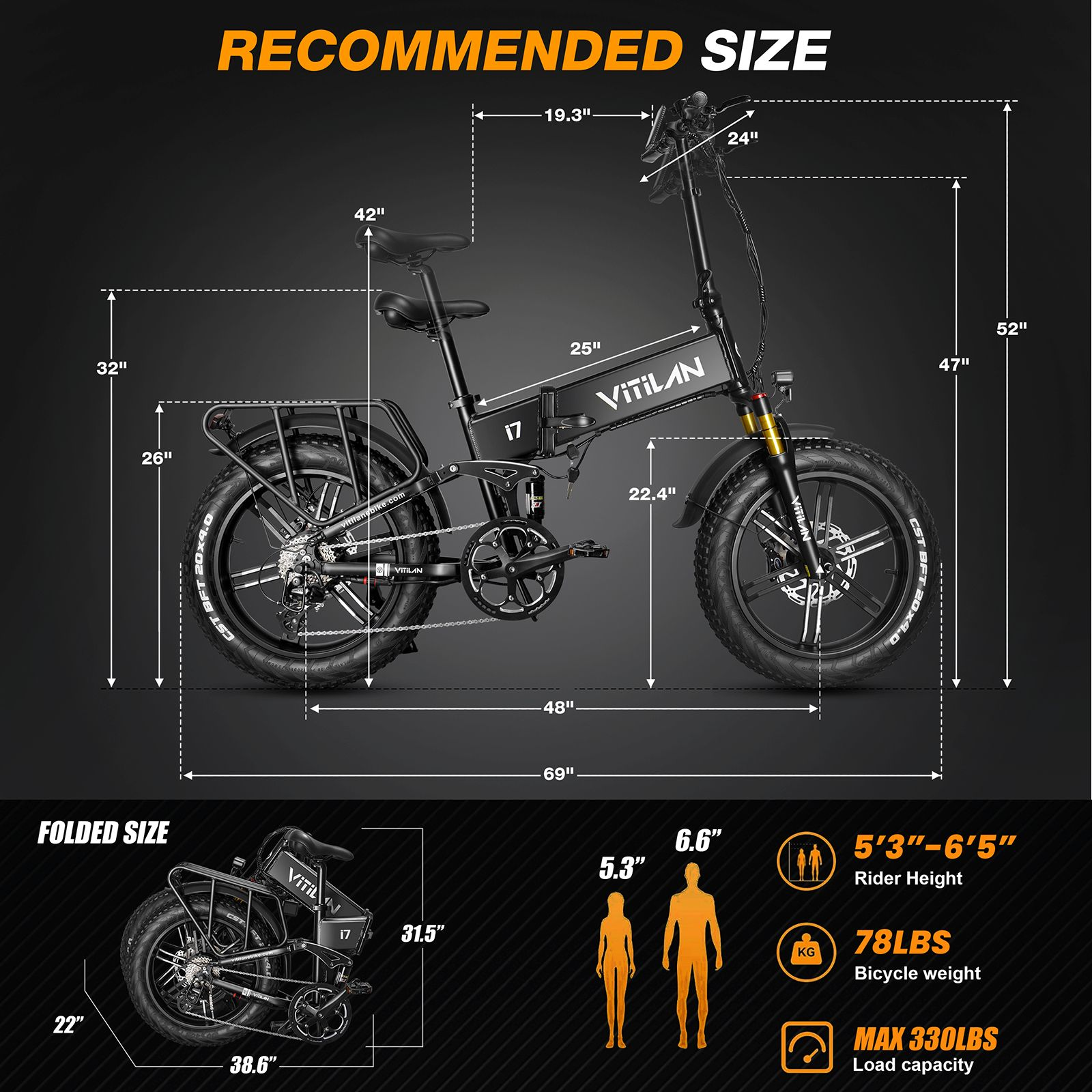 Diagrama que muestra las dimensiones de una bicicleta eléctrica VitiLAN negra.