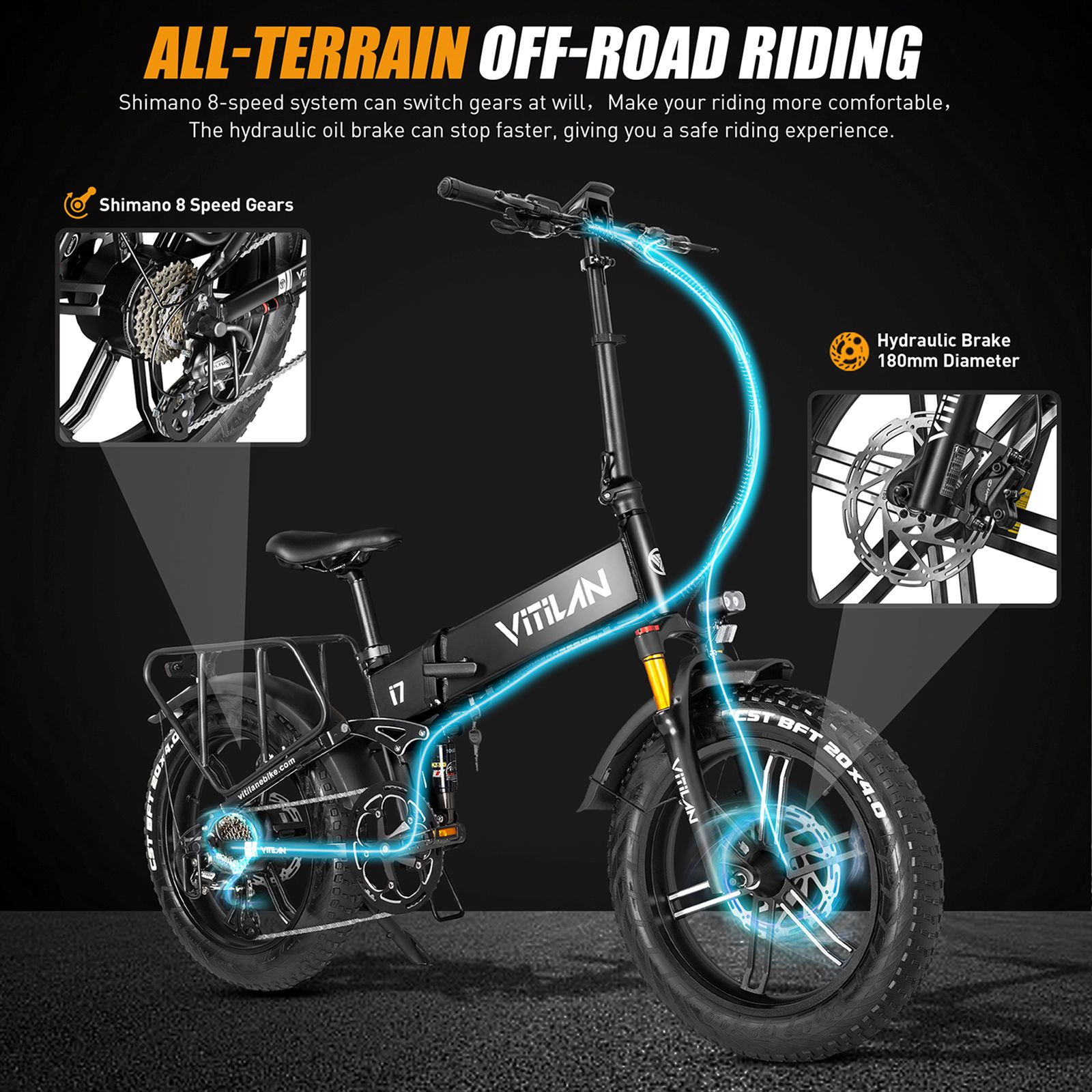 Bicicleta eléctrica Vitilan negra con marchas Shimano de 8 velocidades y frenos hidráulicos.