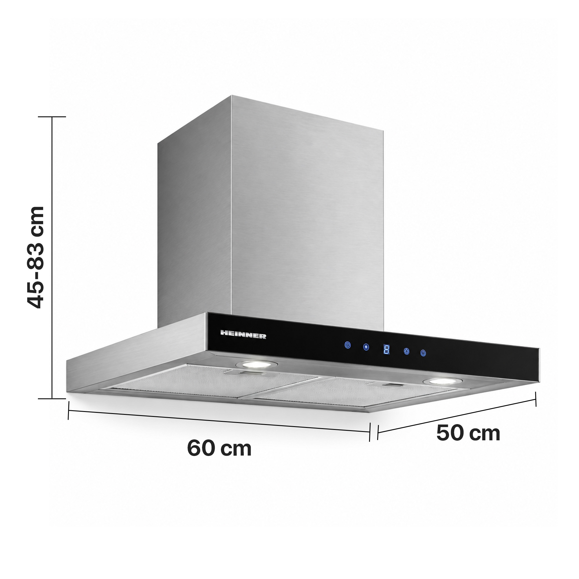 Stainless steel kitchen hood with dimensions 60x50 cm and height 45-83 cm against a white background.