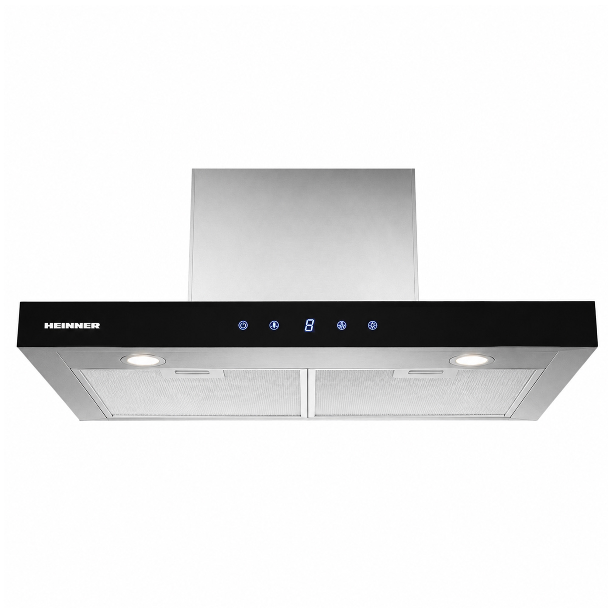 A silver and black Heinner cooker hood featuring LED lights and a digital touch control panel.