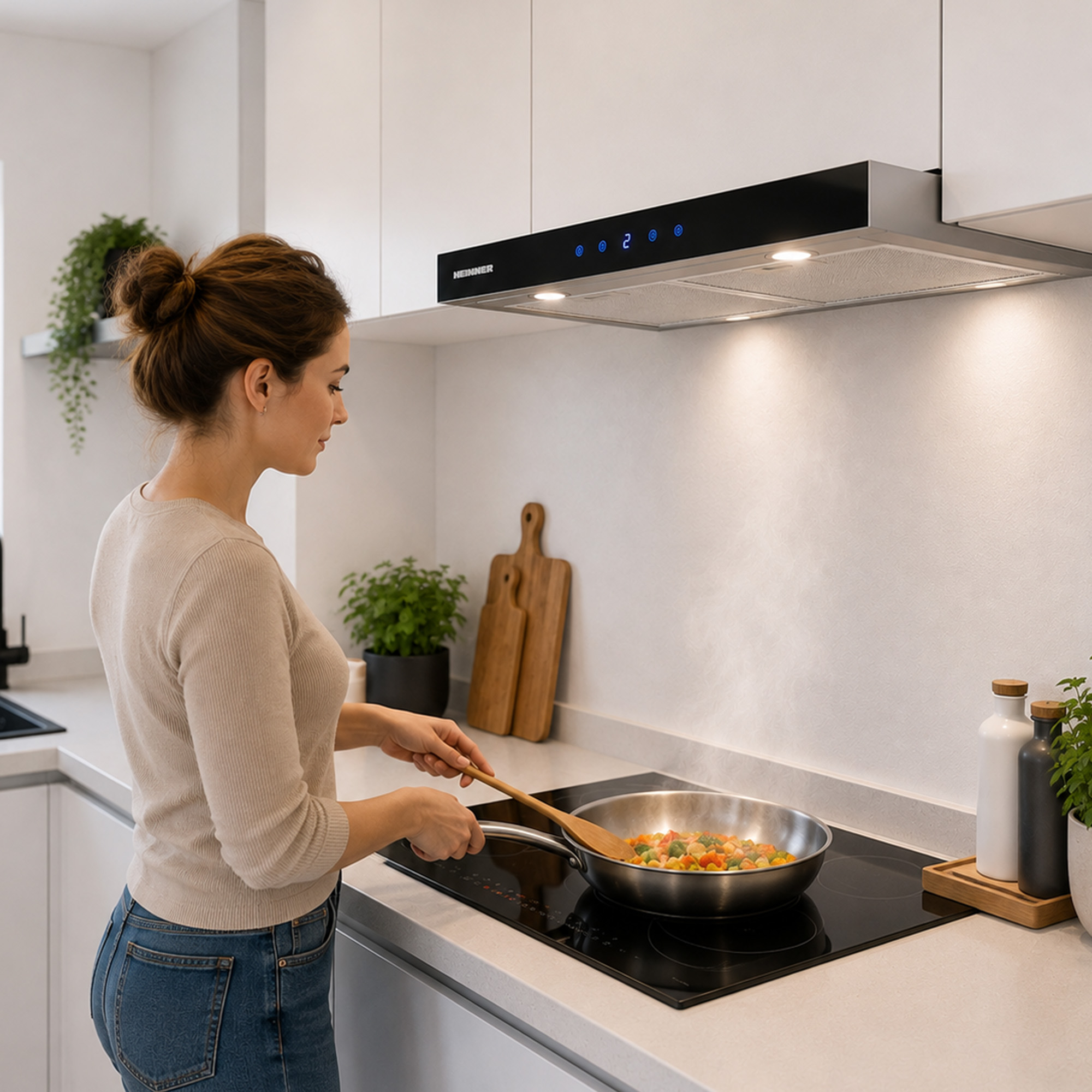 A woman in a kitchen cooks vegetables in a pan on a stove beneath a range hood.