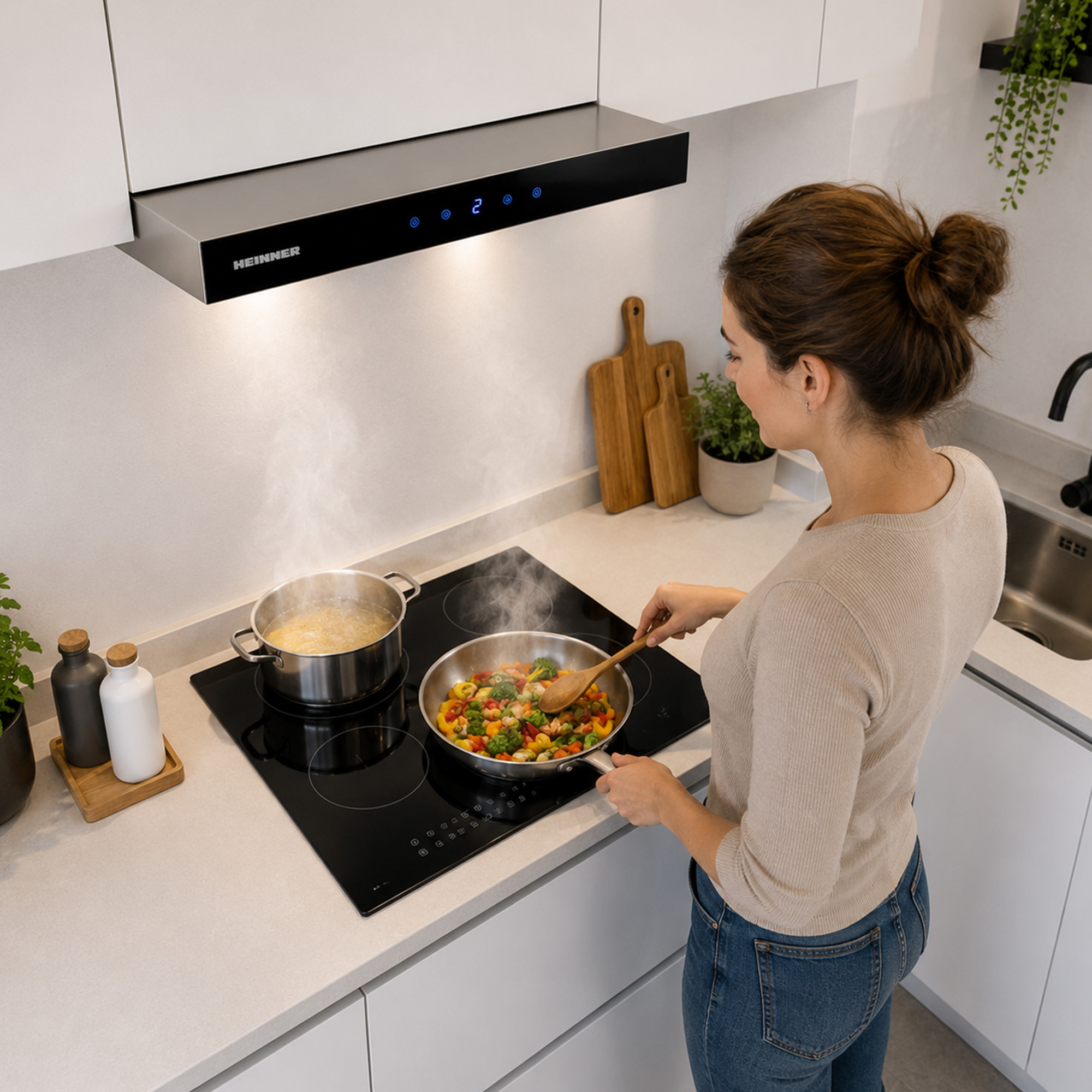 A woman cooks vegetables and pasta in a modern kitchen on an induction stove.