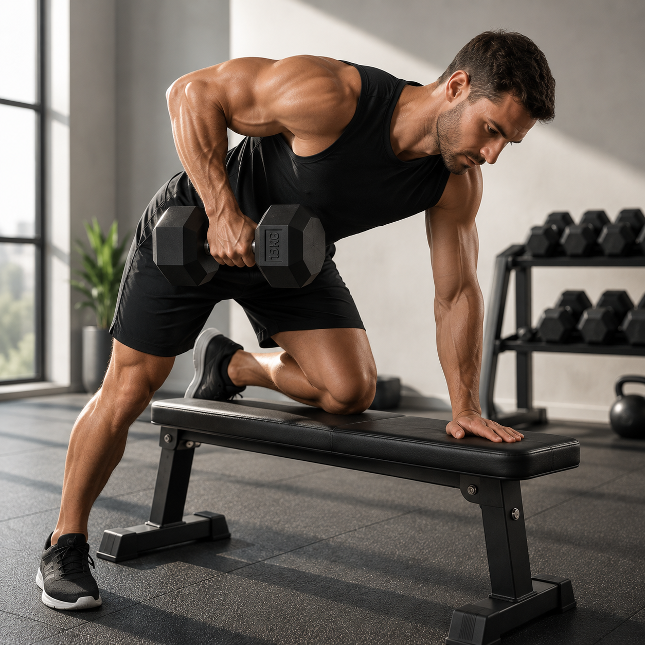 Un hombre musculoso en el gimnasio hace remo con mancuerna apoyado en un banco.